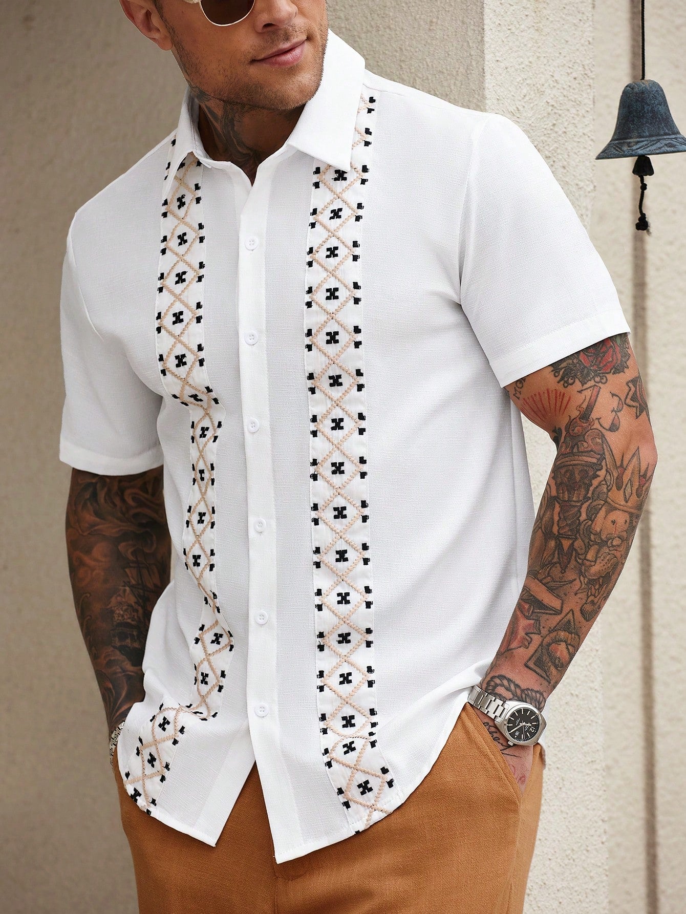 Camisa Masculina De Botão Bordado Étnico Visual Autêntico Branco / PP Camisa Masculina De Botão Bordado Étnico Visual