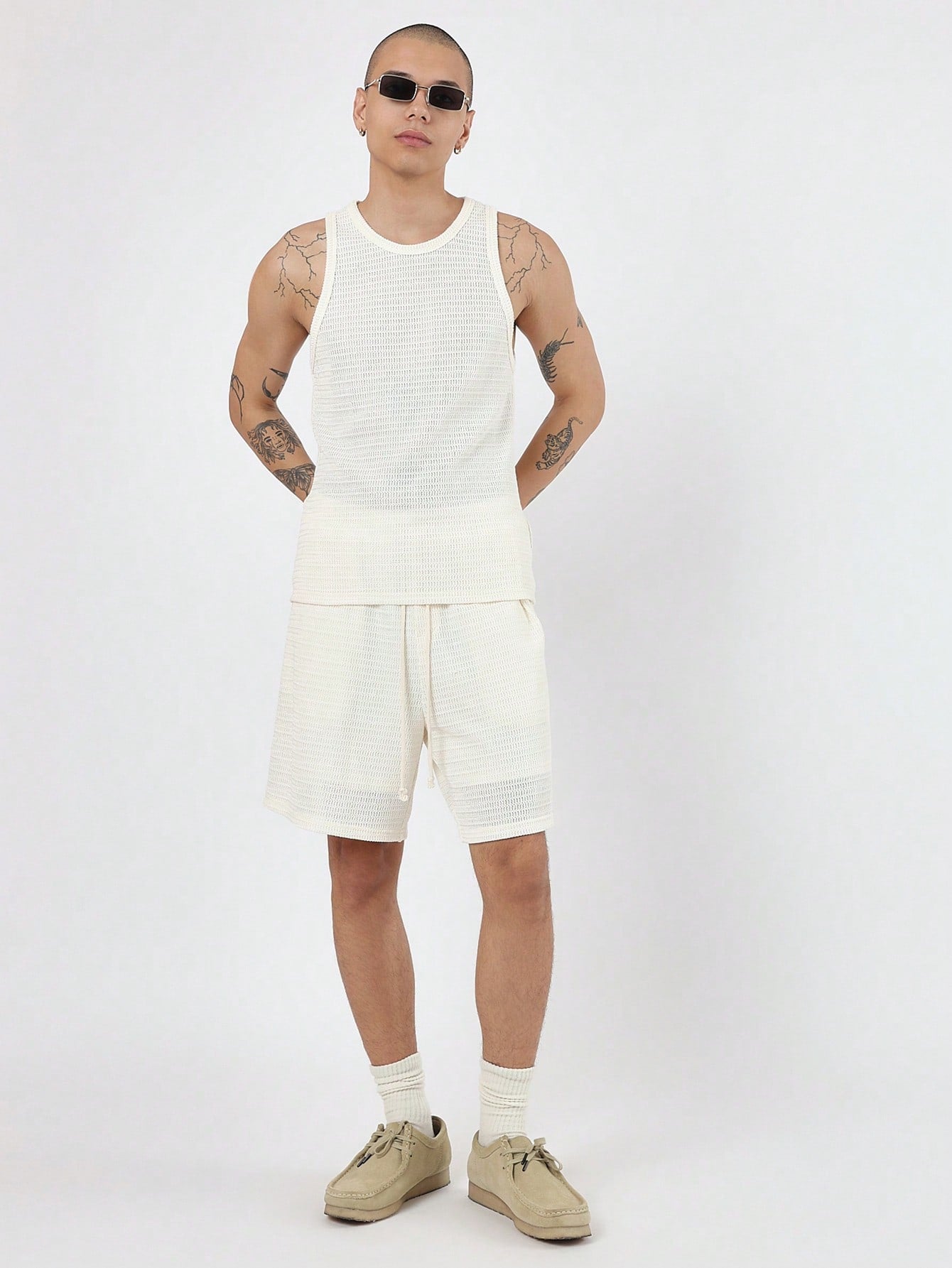 Conjunto Masculino Regata Canelada E Shorts Cós Elástico Branco / PP Conjunto Masculino Regata Canelada E Shorts Cós