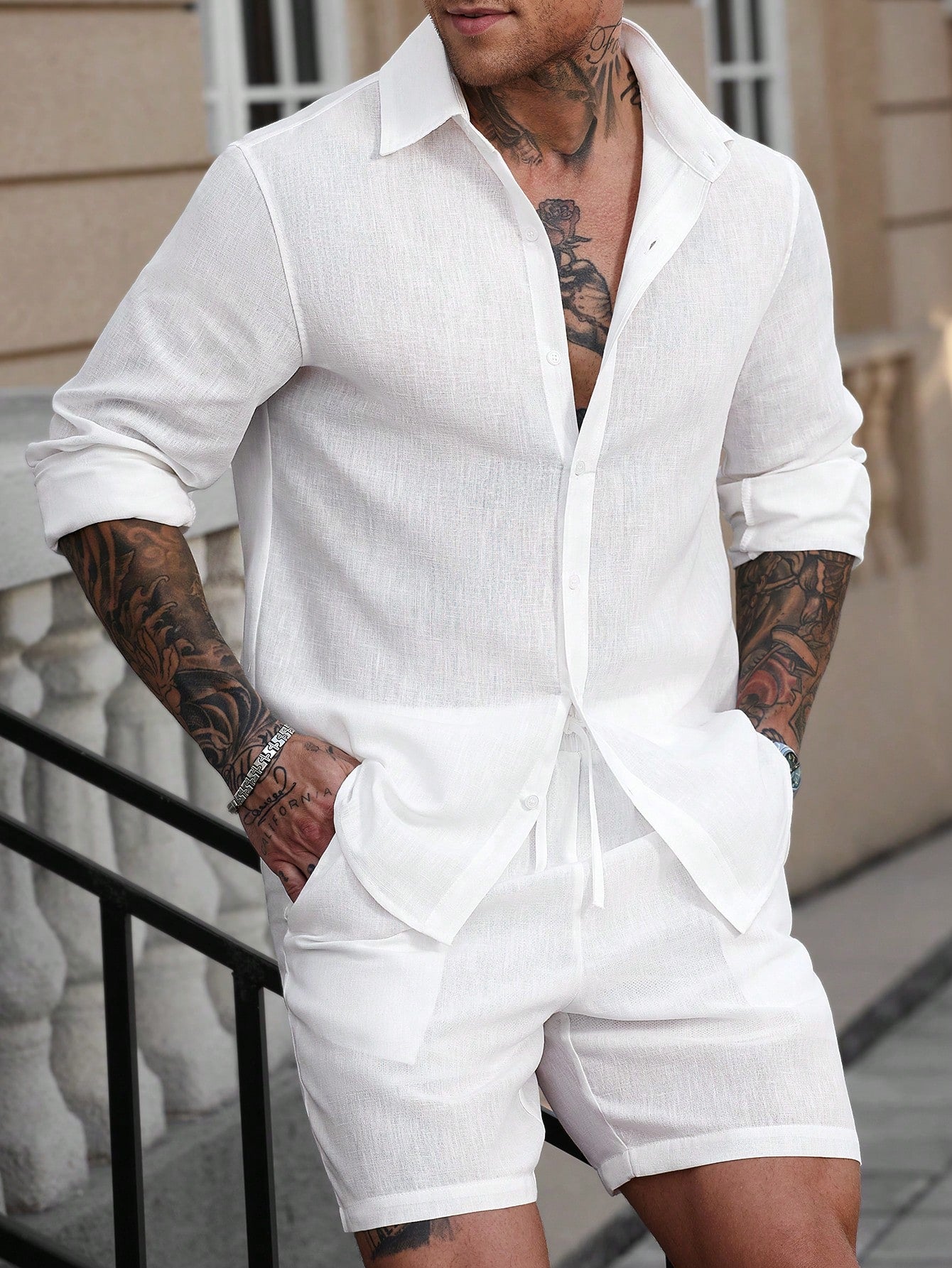 Conjunto Masculino Camisa Manga Longa Botões Simples E Shorts Casual Branco / PP Conjunto Masculino Camisa Manga Longa