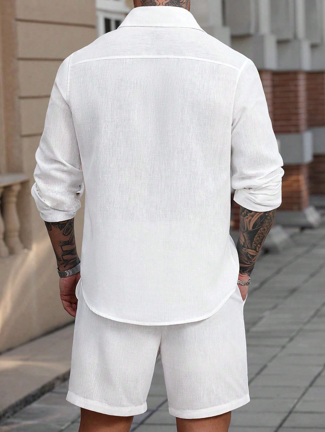Conjunto Masculino Camisa Manga Longa Botões Simples E Shorts Casual Conjunto Masculino Camisa Manga Longa Botões