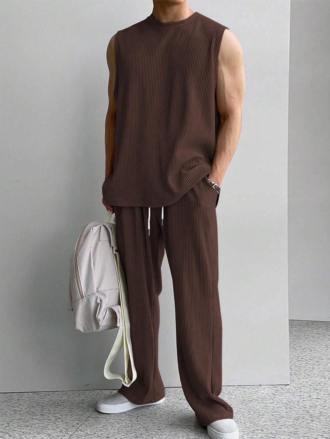 Conjunto Masculino Regata Lisa E Calça Com Cós Ajustável Café / PP Conjunto Masculino Regata Lisa E Calça Com Cós