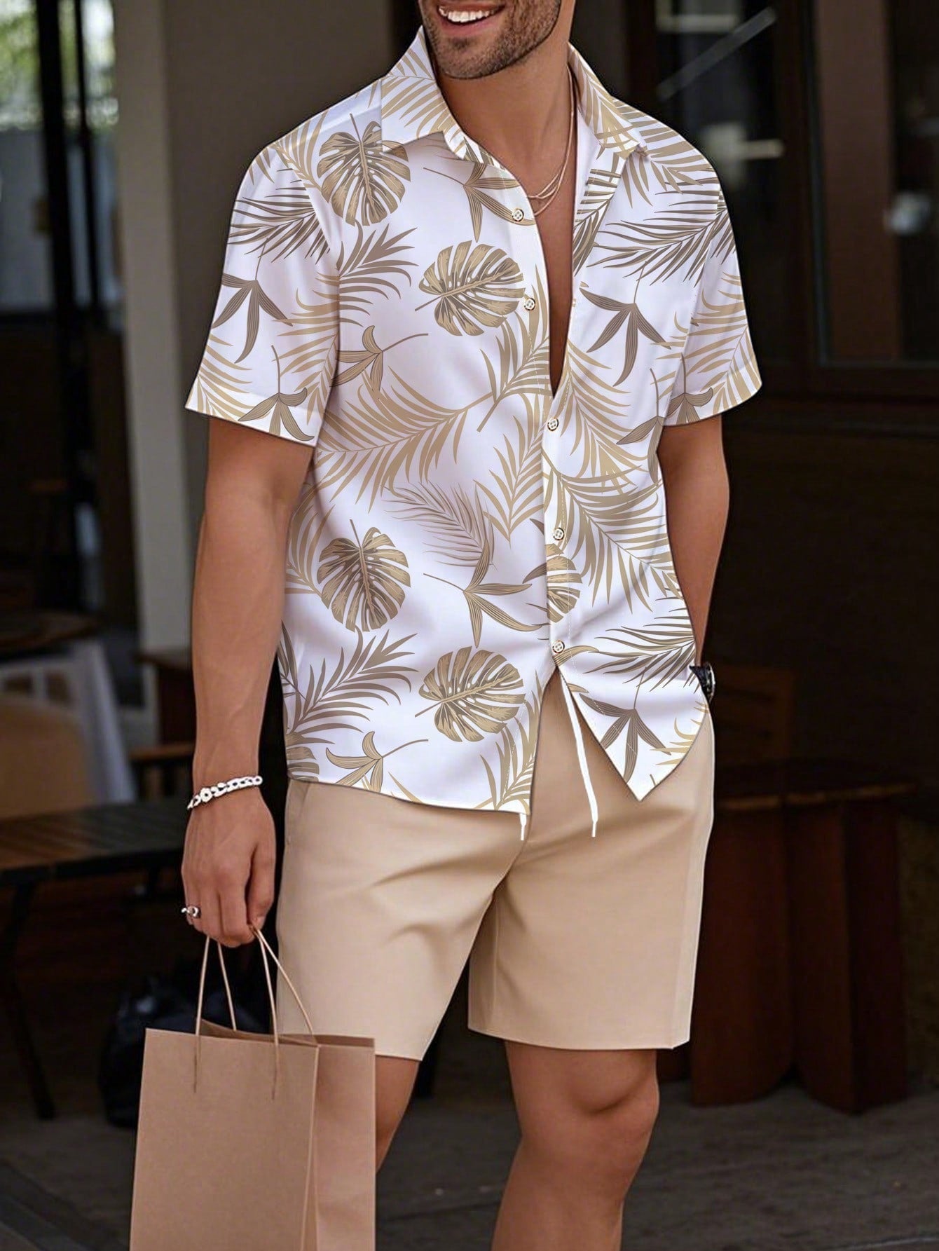 Conjunto Masculino Camisa Manga Curta Estampa Tropical E Shorts Casuais Caqui / PP Conjunto Masculino Camisa Manga