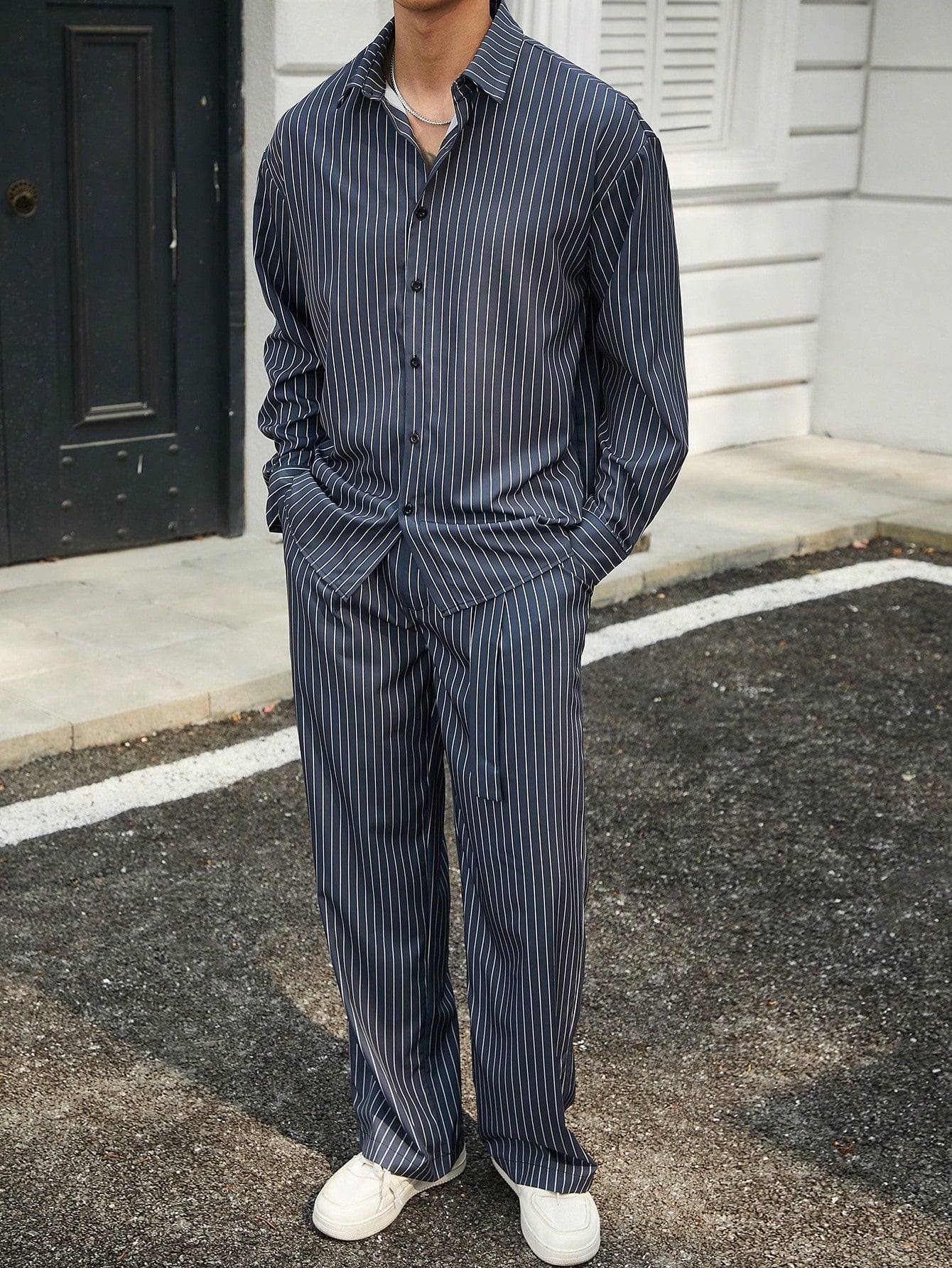 Conjunto Masculino Camisa Listrada E Calça Com Amarração Casual Azul Marinho / PP Conjunto Masculino Camisa Listrada E