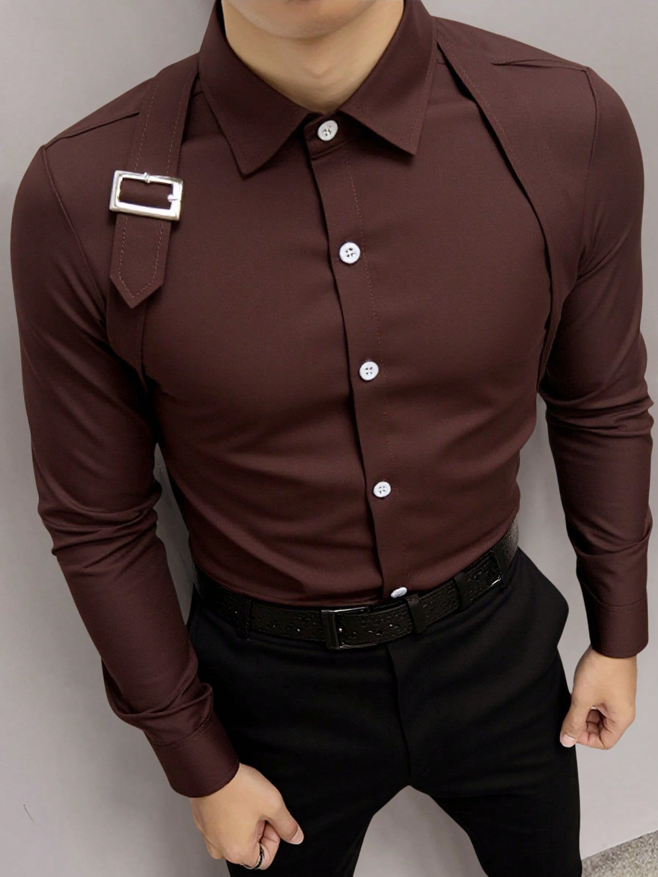 Camisa Masculina De Botão Slim Fivela Decorativa Estilo Único Castanho / PP Camisa Masculina De Botão Slim Fivela