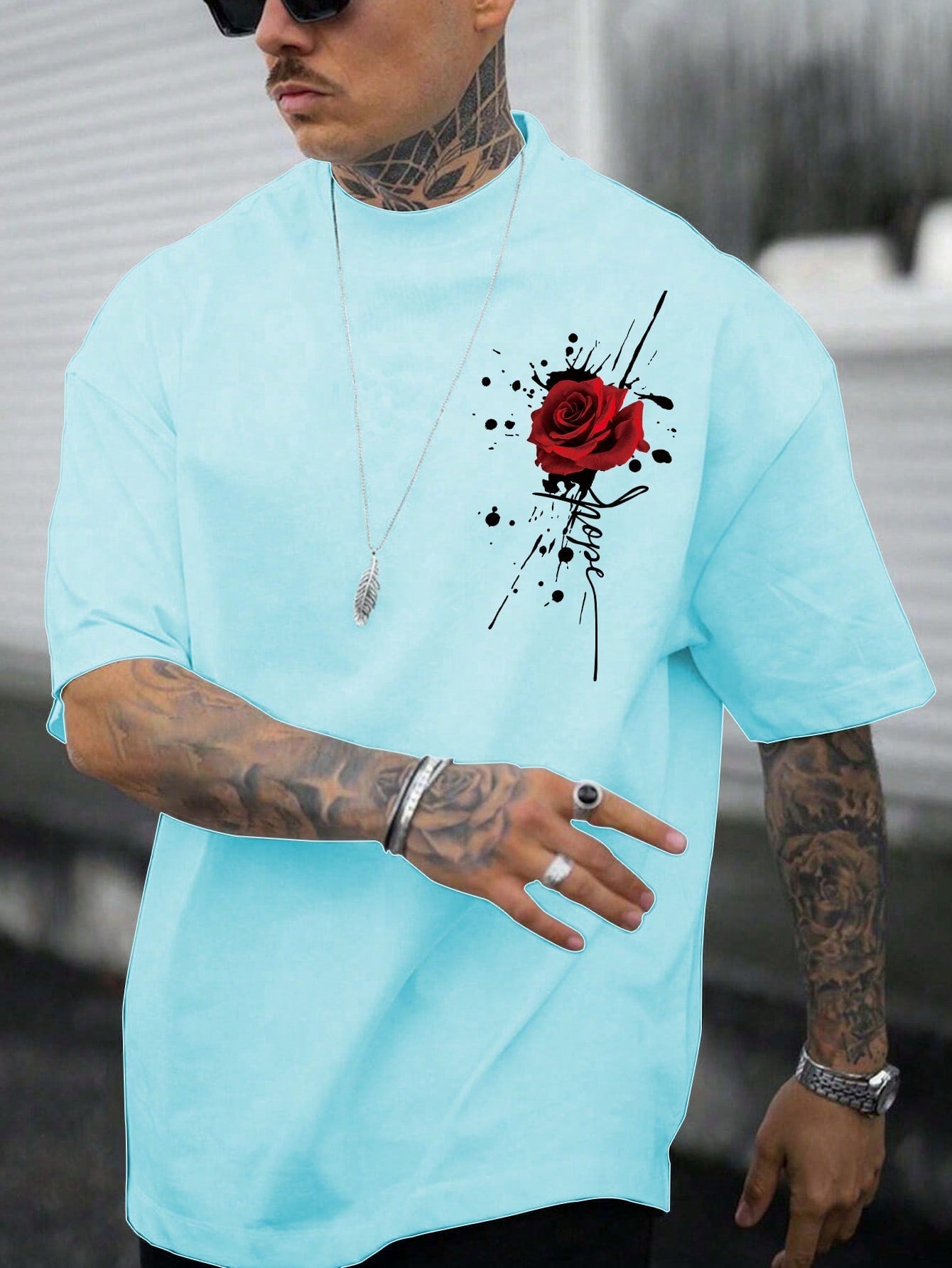 Camisa Masculina Oversized Estampa De Rosa Arte Azul Bebê / PP Camisa Masculina Oversized Estampa De Rosa Arte