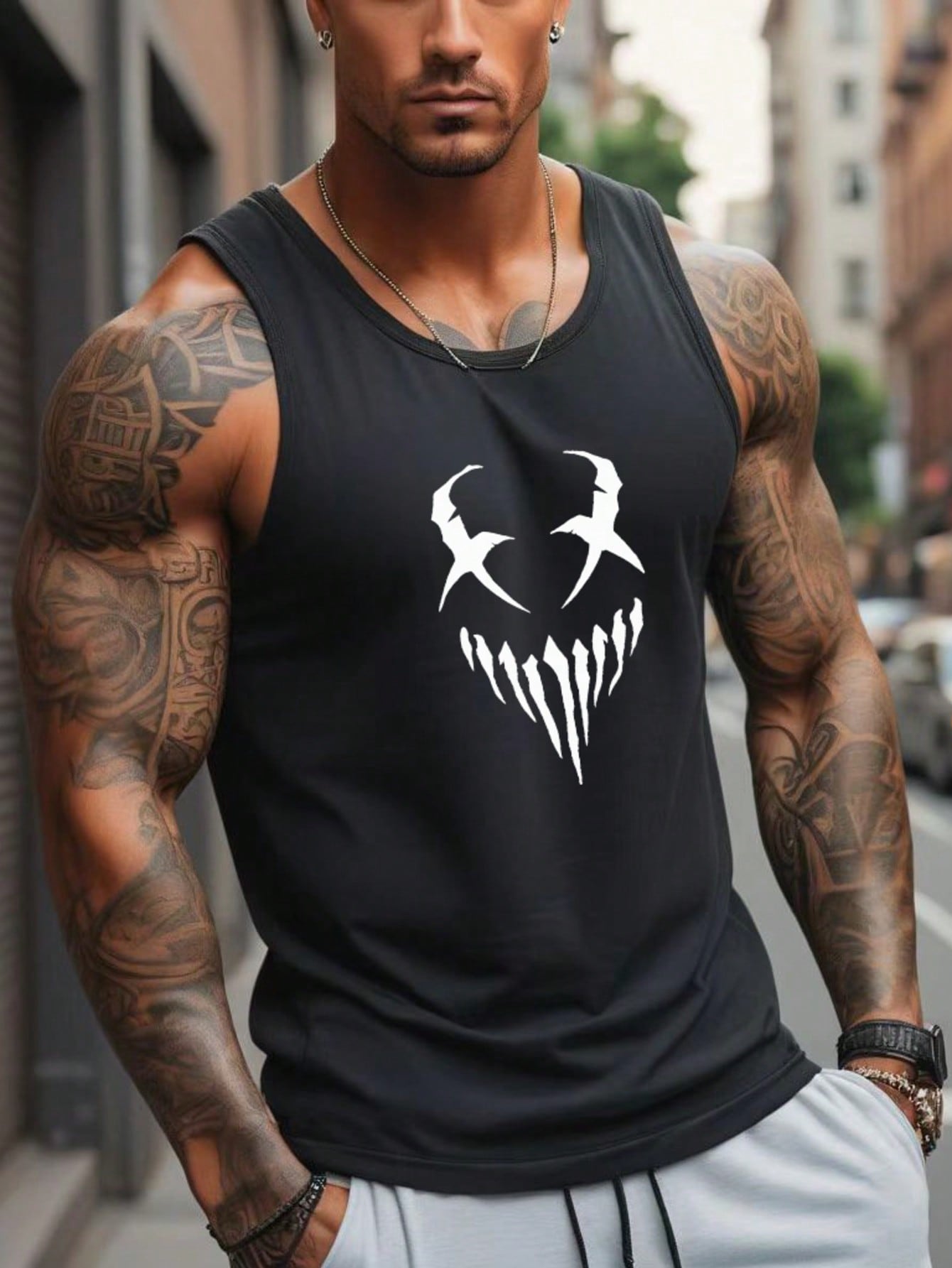 Camiseta Regata Masculina Estampa De Monstro Tecido Respirável Preto / PP Camiseta Regata Masculina Estampa De Monstro