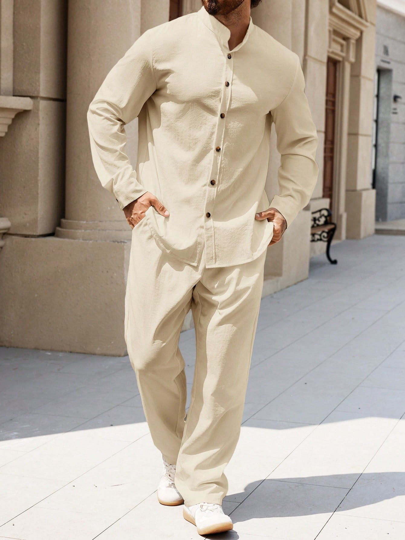 Conjunto Masculino Camisa De Botão E Calça Leve Minimalista Damasco / PP Conjunto Masculino Camisa De Botão E Calça