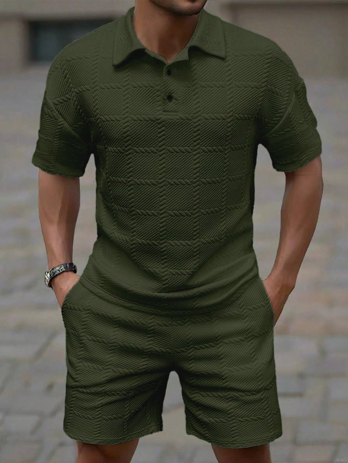 Conjunto Masculino Polo Manga Curta E Shorts Estilo Casual Verde Militar / PP Conjunto Masculino Polo Manga Curta E