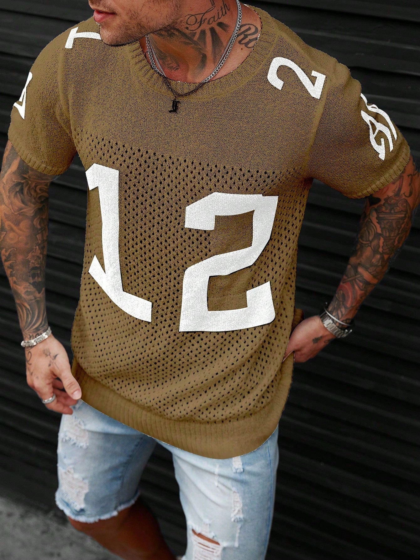 Camiseta Masculina Tricotada Número Estilo Vintage Bronze / PP Camiseta Masculina Tricotada Número Estilo Vintage