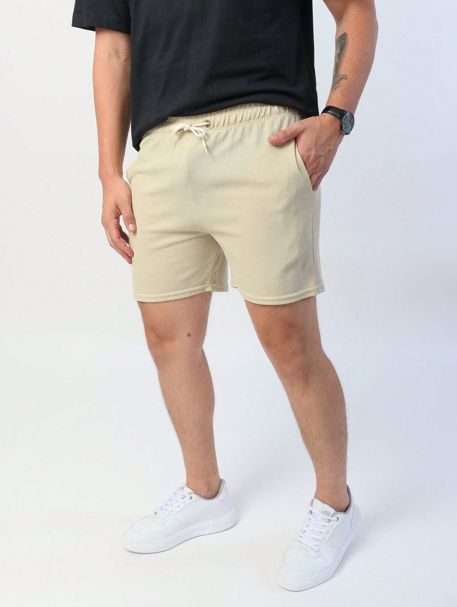 Shorts Masculino Mauricinho Waffle Com Cadarço E Textura Bege / PP Shorts Masculino Mauricinho Waffle Com Cadarço E