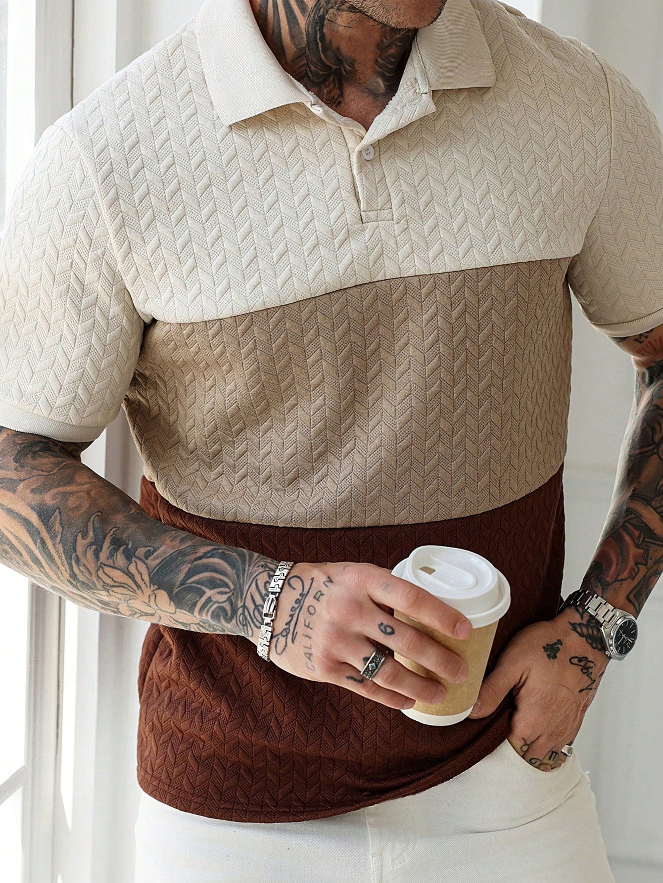 Camisa Polo Masculina Em Blocos Textura De Alta Classe Caqui / PP Camisa Polo Masculina Em Blocos Textura De Alta Classe