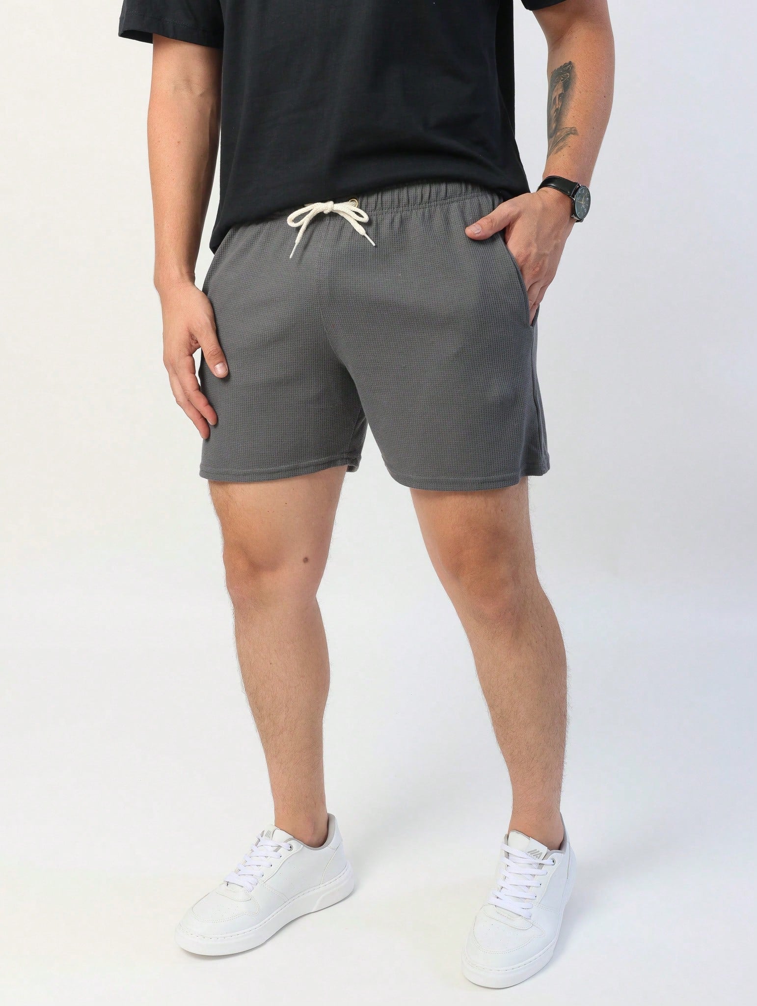 Shorts Masculino Mauricinho Waffle Com Cadarço E Textura Cinza / PP Shorts Masculino Mauricinho Waffle Com Cadarço E