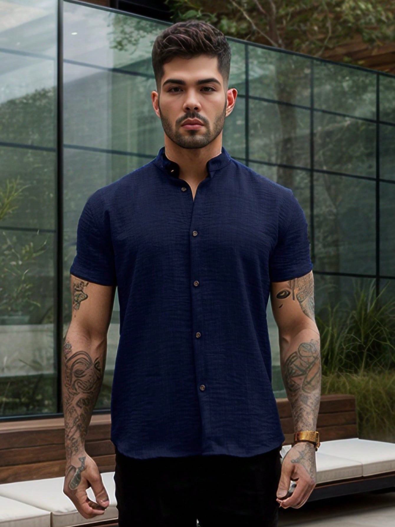 Camisa Masculina Gola Padre Slim Caimento Impecável Azul Marinho / PP Camisa Masculina Gola Padre Slim Caimento