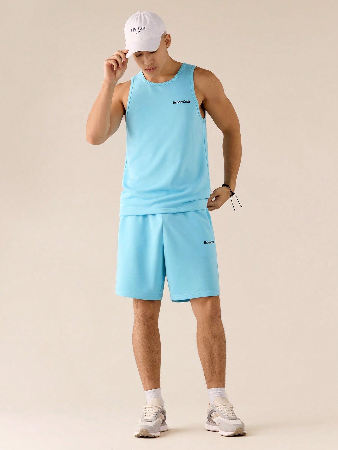 Conjunto Masculino Regata Estampada E Shorts Soltos Casuais Azul Bebê / PP Conjunto Masculino Regata Estampada E Shorts