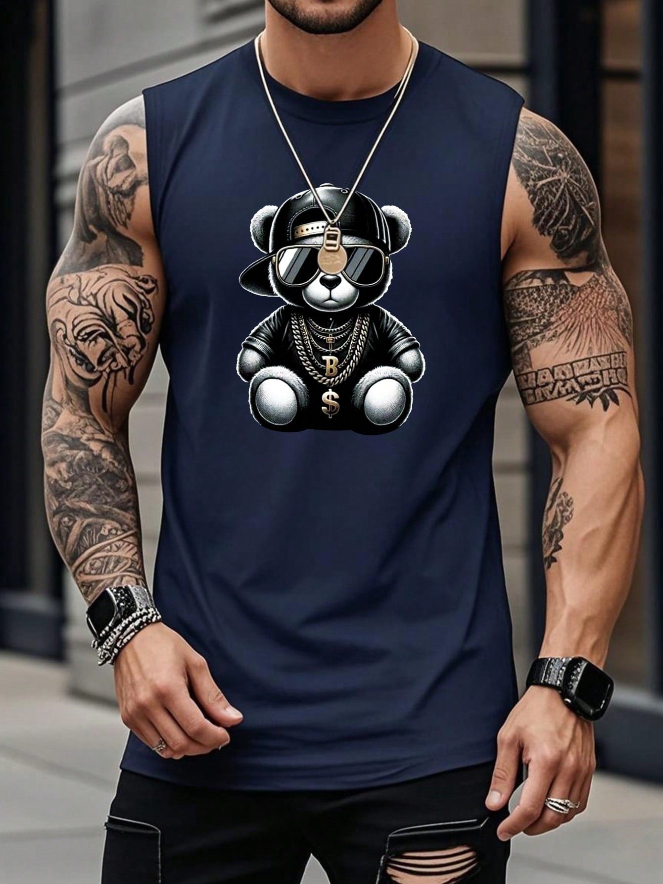 Camiseta Regata Masculina Estampa De Urso Gola Redonda Azul Marinho / PP Camiseta Regata Masculina Estampa De Urso Gola