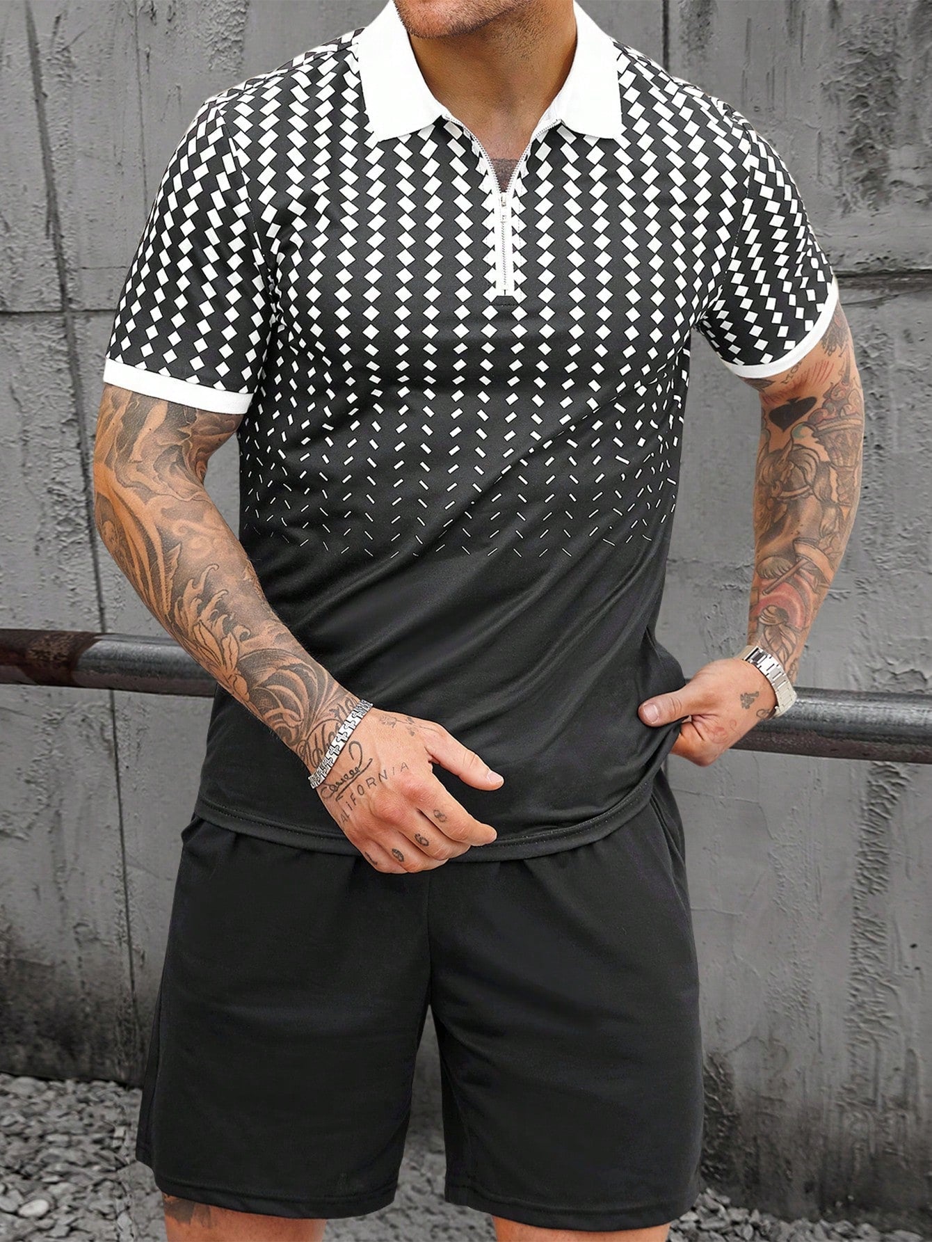 Conjunto Masculino Polo Geométrico Com Zíper E Shorts Casuais Conjunto Masculino Polo Geométrico Com Zíper E Shorts