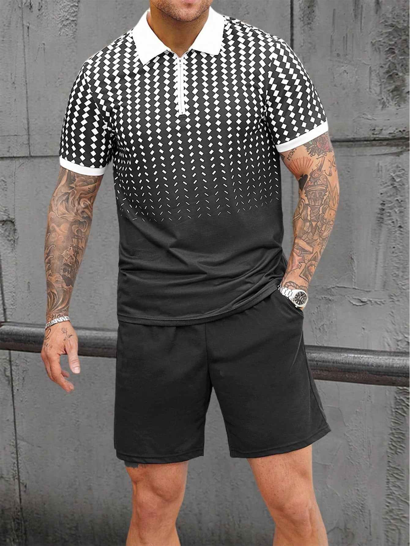 Conjunto Masculino Polo Geométrico Com Zíper E Shorts Casuais Preto / PP Conjunto Masculino Polo Geométrico Com Zíper E