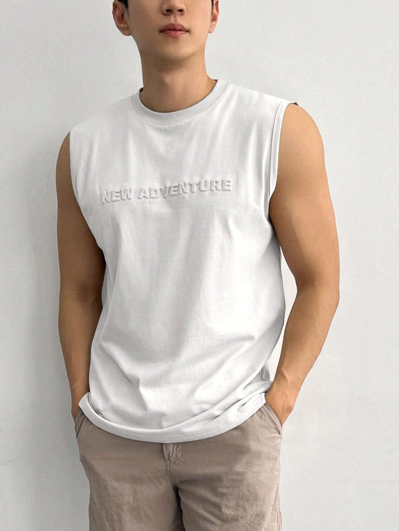 Camiseta Regata Masculina Estampa De Letras Gola Redonda Branco / PP Camiseta Regata Masculina Estampa De Letras Gola