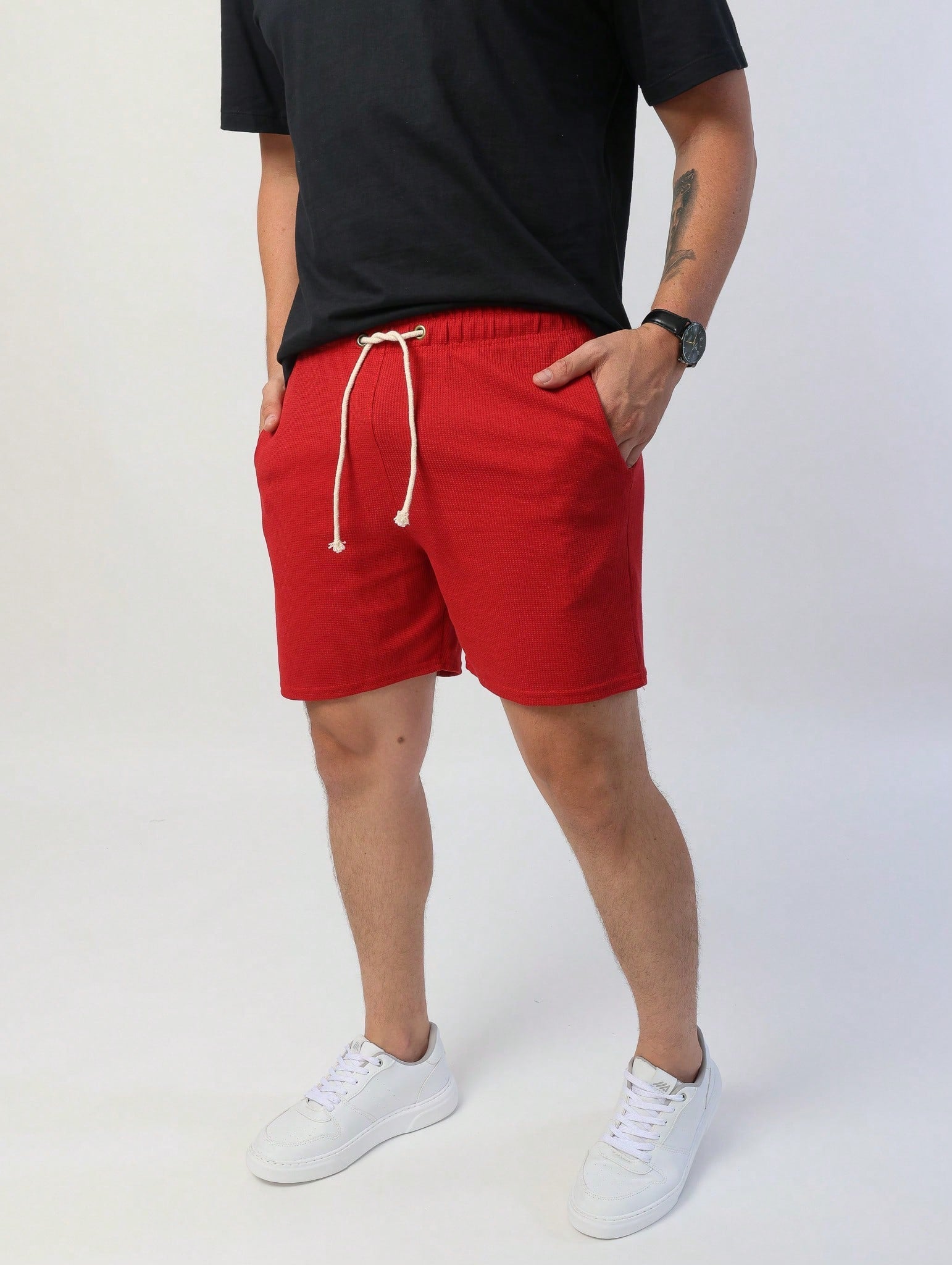 Shorts Masculino Mauricinho Waffle Com Cadarço E Textura Vermelho / PP Shorts Masculino Mauricinho Waffle Com Cadarço E