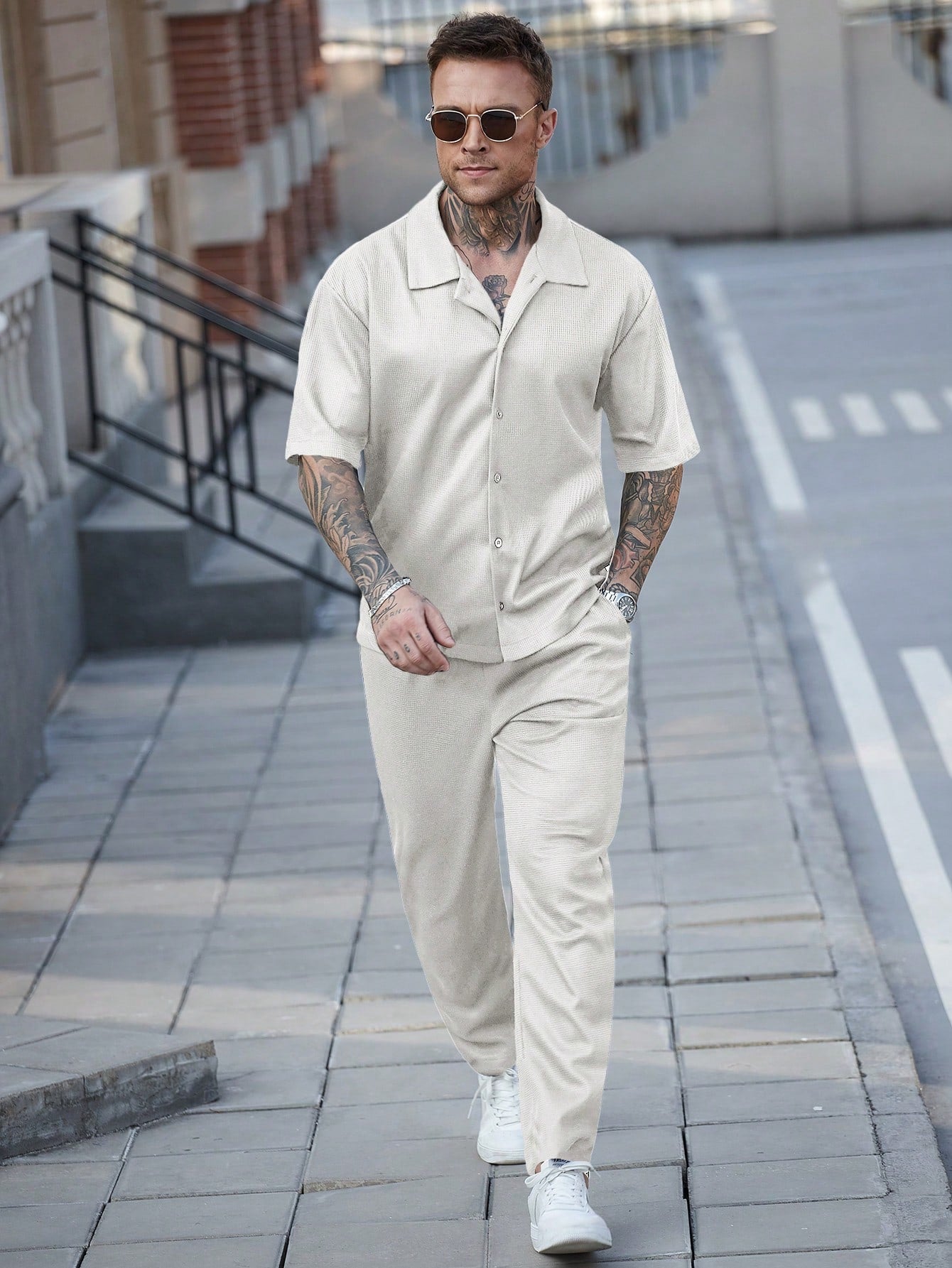 Conjunto Masculino Camisa Textura Waffle E Calça Casual Moderna Conjunto Masculino Camisa Textura Waffle E Calça Casual