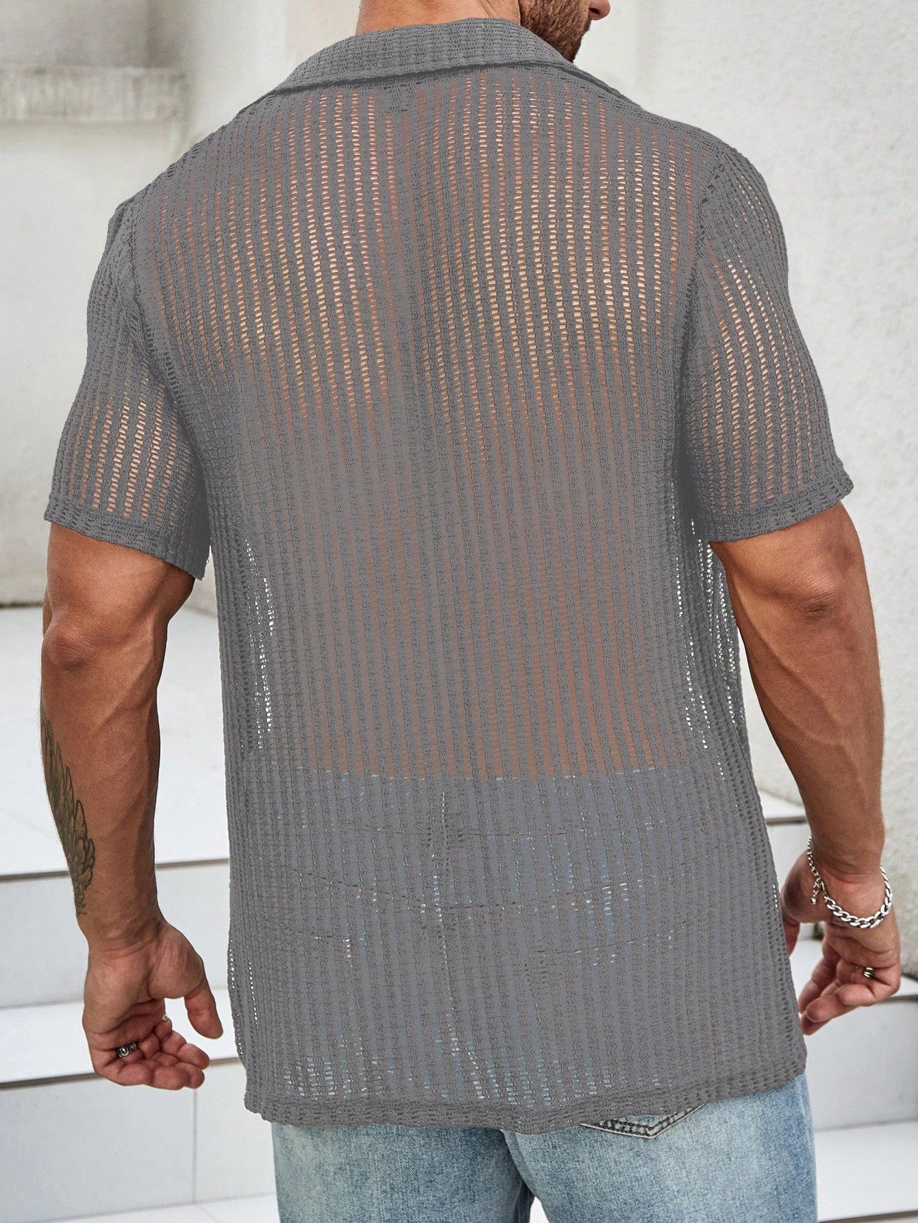 Camisa Masculina De Botão Transparente Trama Vazada Casual Camisa Masculina De Botão Transparente Trama Vazada Casual