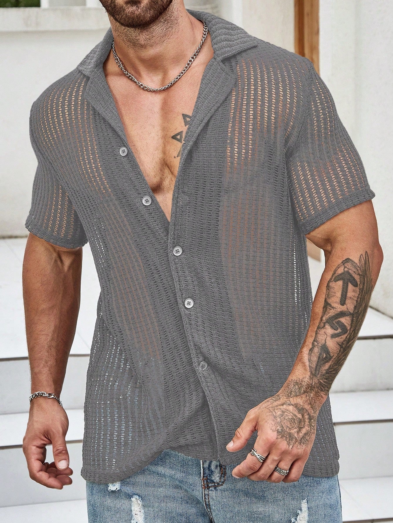 Camisa Masculina De Botão Transparente Trama Vazada Casual Camisa Masculina De Botão Transparente Trama Vazada Casual