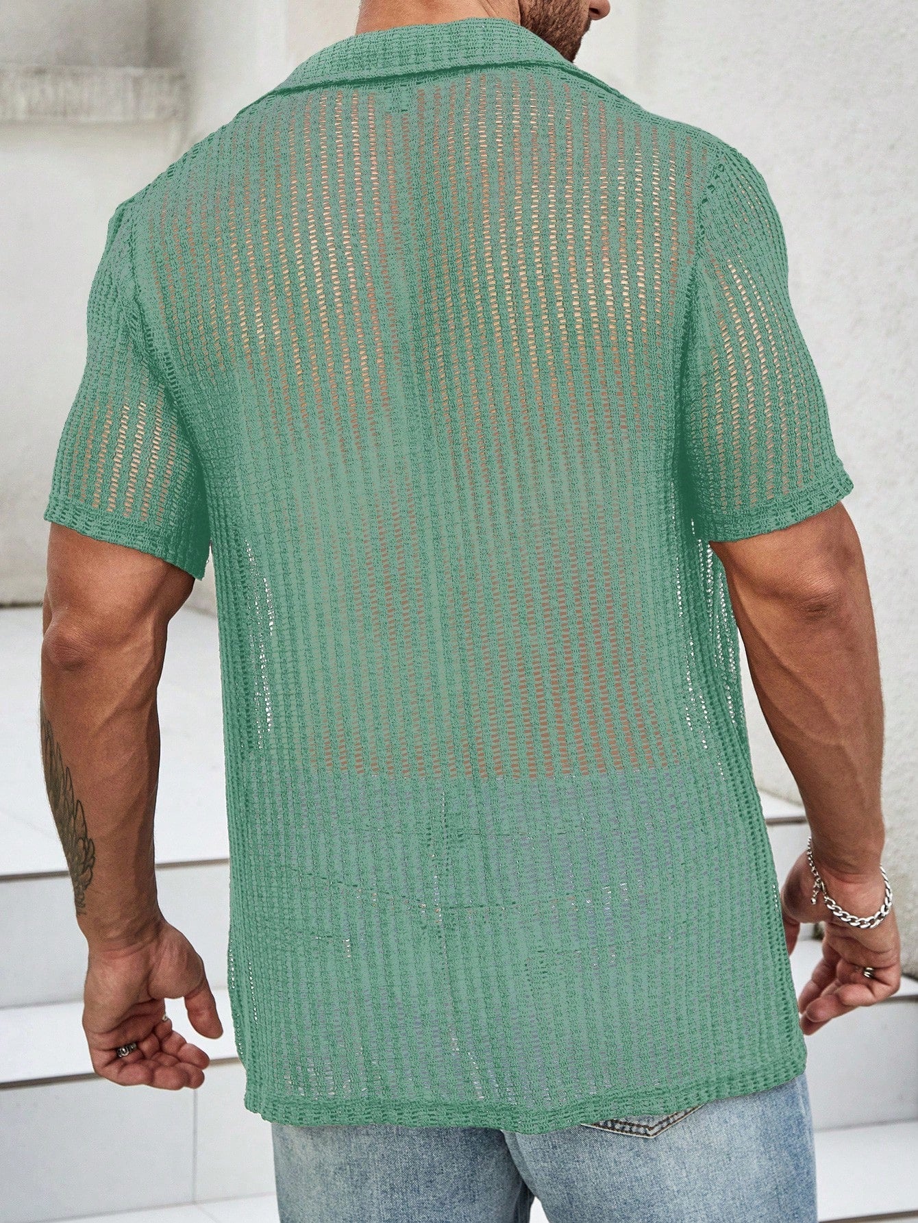 Camisa Masculina De Botão Transparente Trama Vazada Casual Camisa Masculina De Botão Transparente Trama Vazada Casual