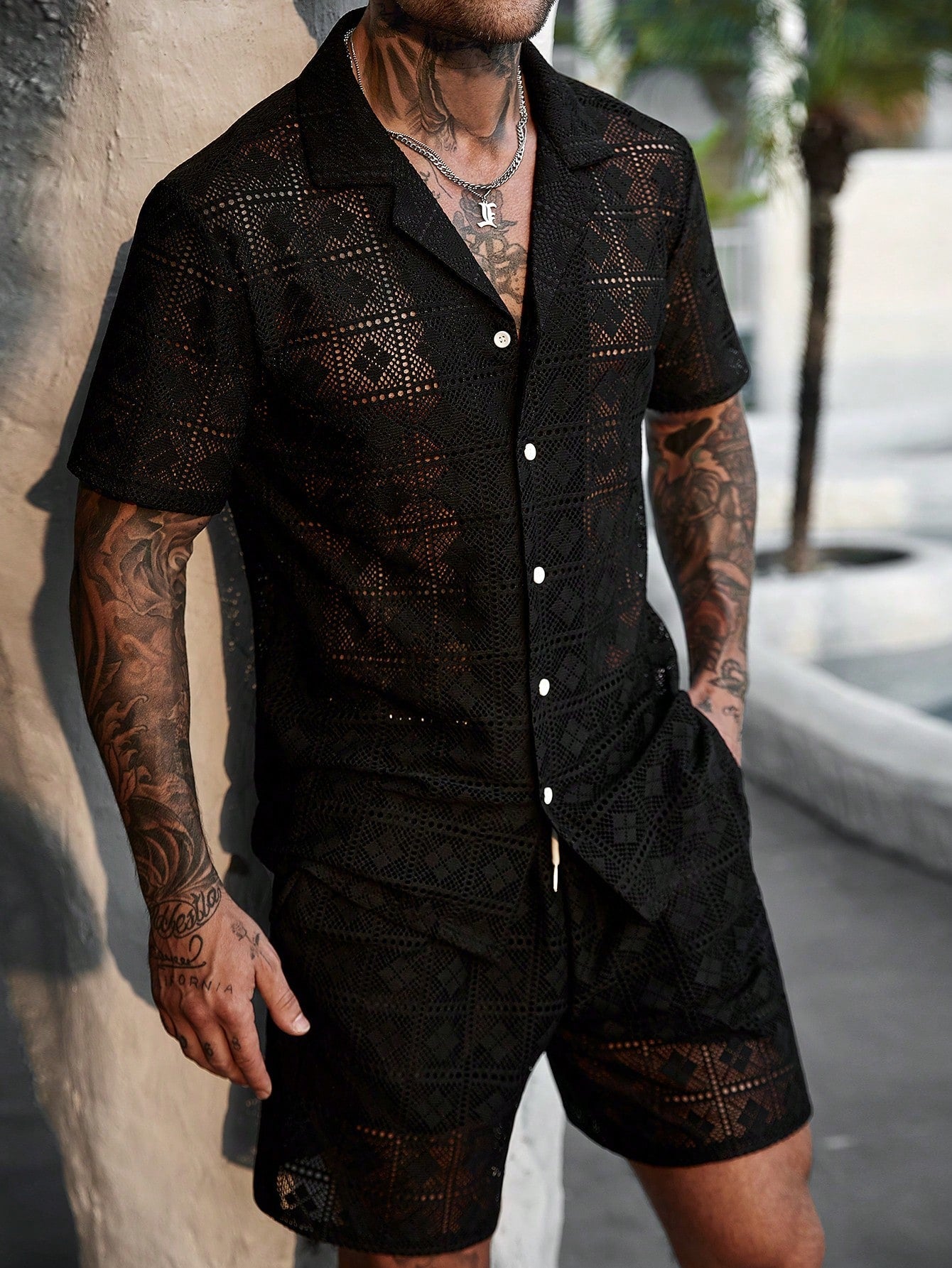 Conjunto Masculino Camisa Com Recortes E Shorts Estilo Casual Preto / PP Conjunto Masculino Camisa Com Recortes E