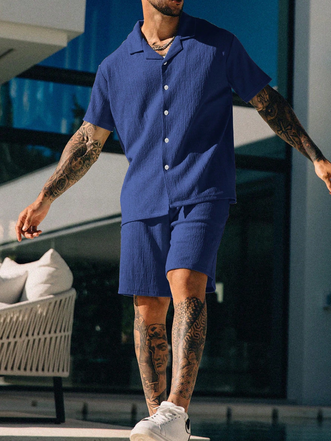 Conjunto Masculino Camisa Assimétrica E Shorts Modelagem Solta Azul Marinho / PP Conjunto Masculino Camisa Assimétrica