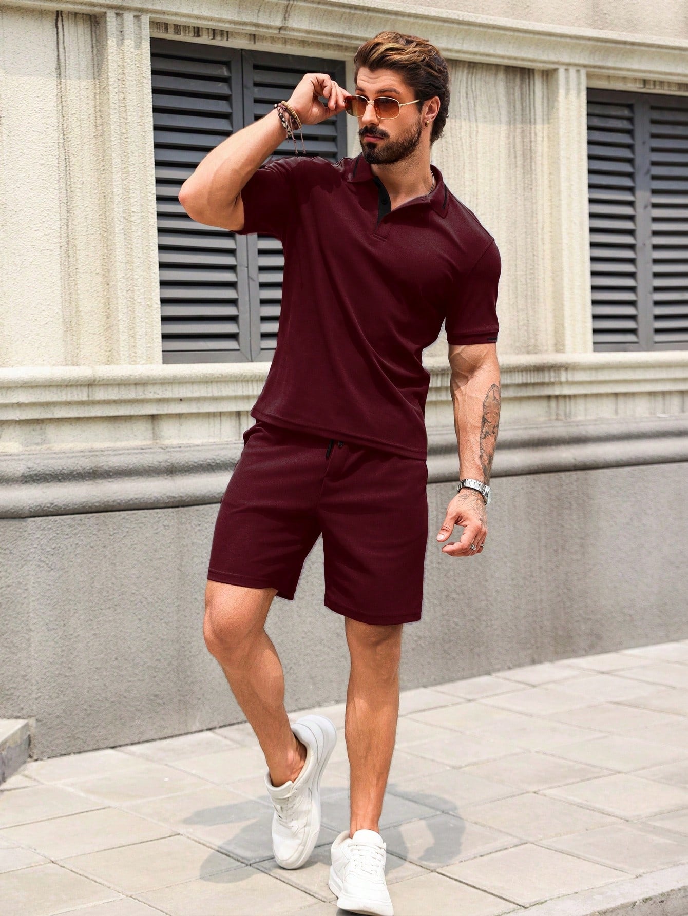 Conjunto Masculino Camisa Polo Abotoamento Simples E Shorts Casuais Conjunto Masculino Camisa Polo Abotoamento Simples