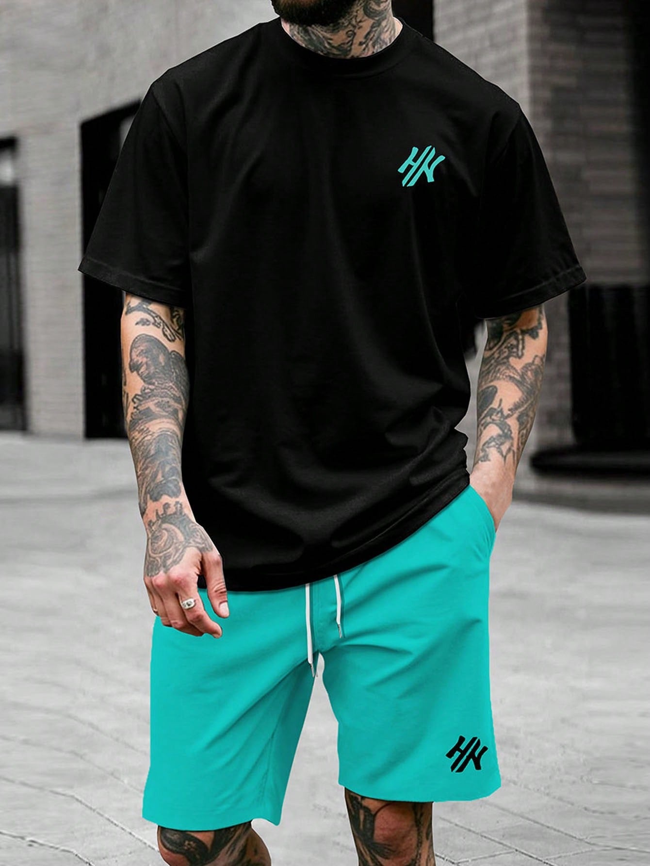 Conjunto Masculino Camiseta Estampada Manga Curta E Shorts Casuais Preto / PP Conjunto Masculino Camiseta Estampada