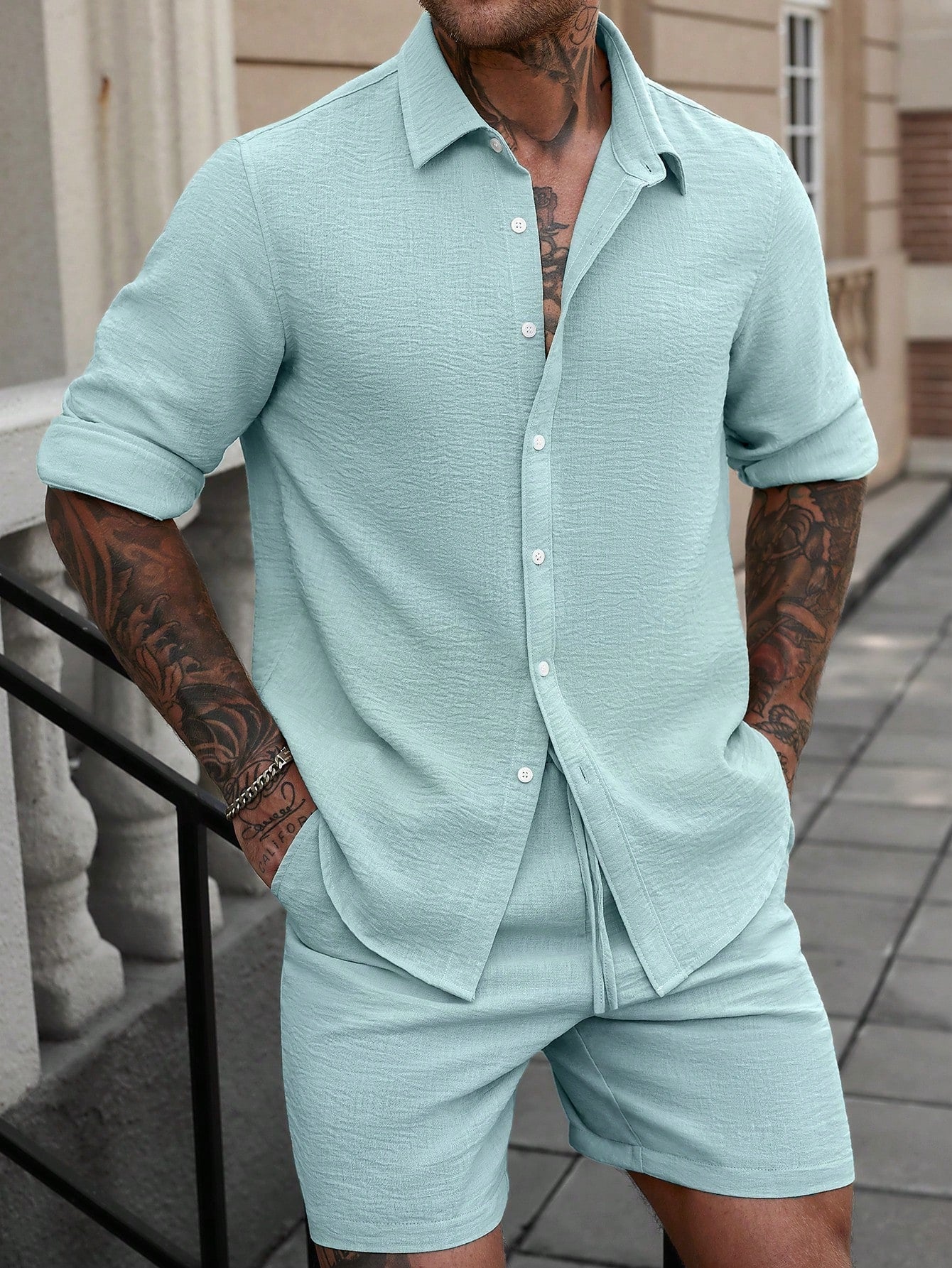 Conjunto Masculino Camisa Manga Longa Botões Simples E Shorts Casual Verde Menta / PP Conjunto Masculino Camisa Manga