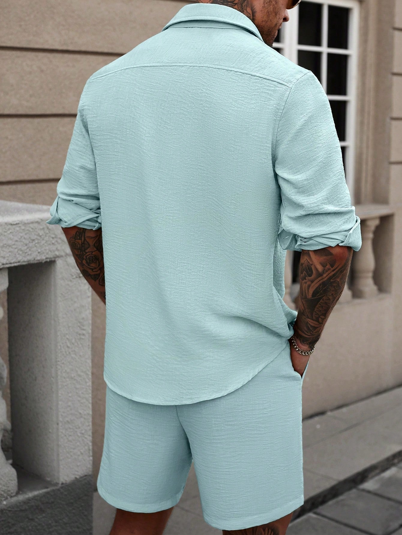 Conjunto Masculino Camisa Manga Longa Botões Simples E Shorts Casual Conjunto Masculino Camisa Manga Longa Botões