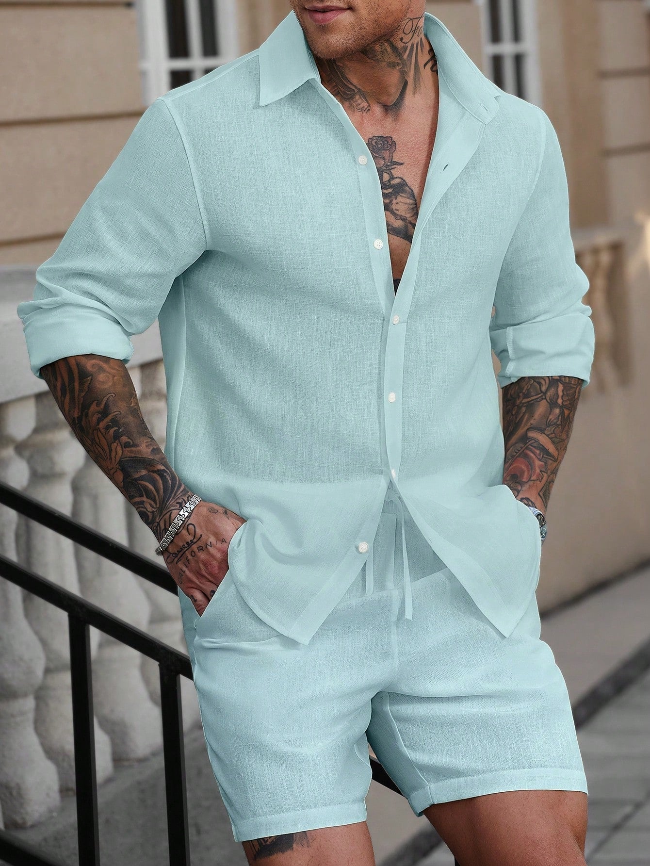 Conjunto Masculino Camisa Manga Longa Botões Simples E Shorts Casual Conjunto Masculino Camisa Manga Longa Botões