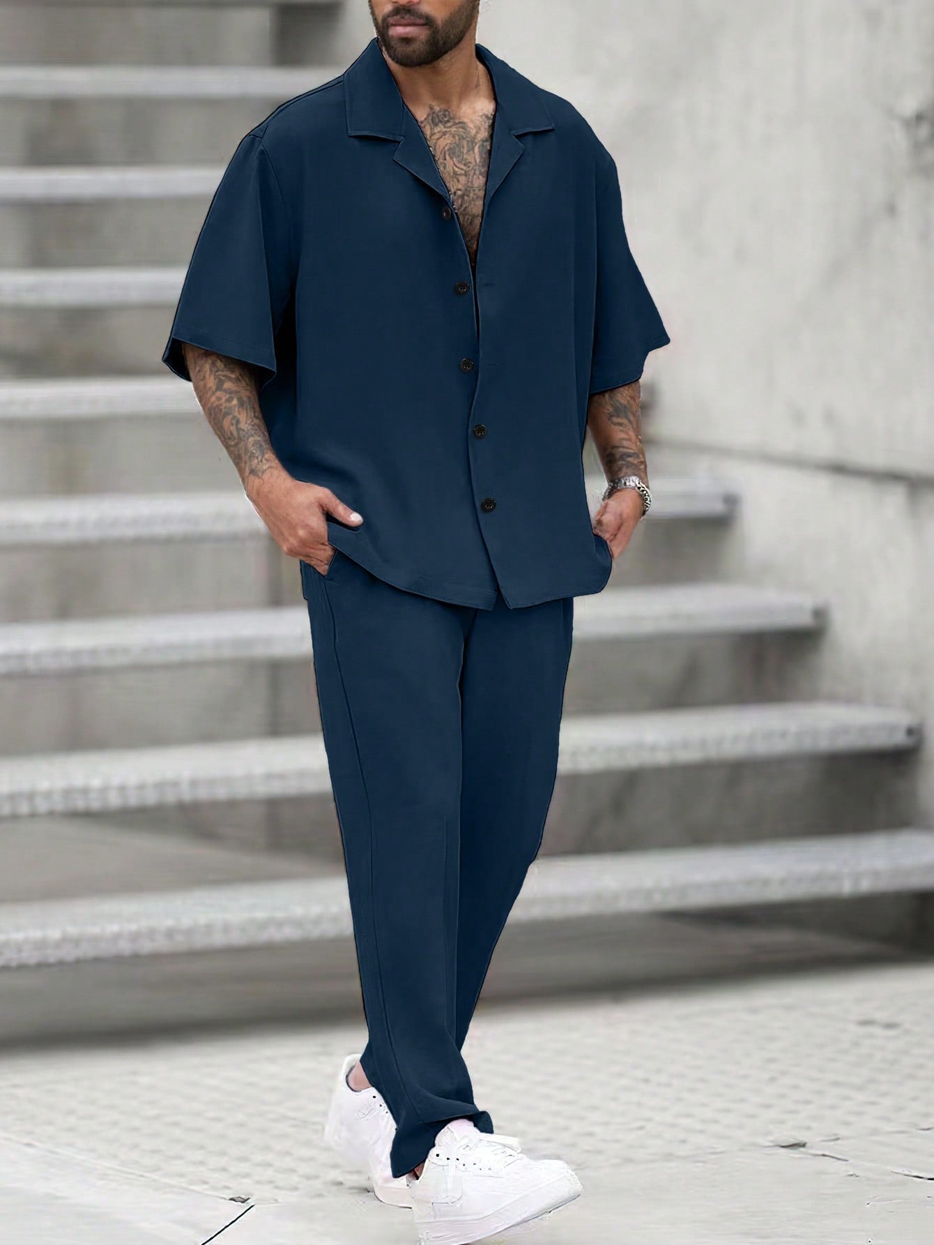 Conjunto Masculino Camisa Gola Dobrada E Calça Casual Solta Azul / PP Conjunto Masculino Camisa Gola Dobrada E Calça