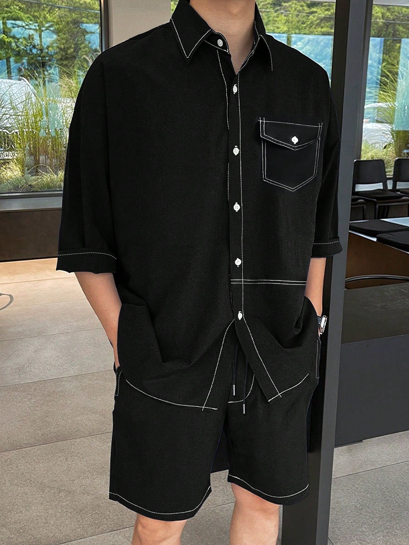 Conjunto Masculino Camisa Botões Frontais E Shorts Com Bolso Conjunto Masculino Camisa Botões Frontais E Shorts Com