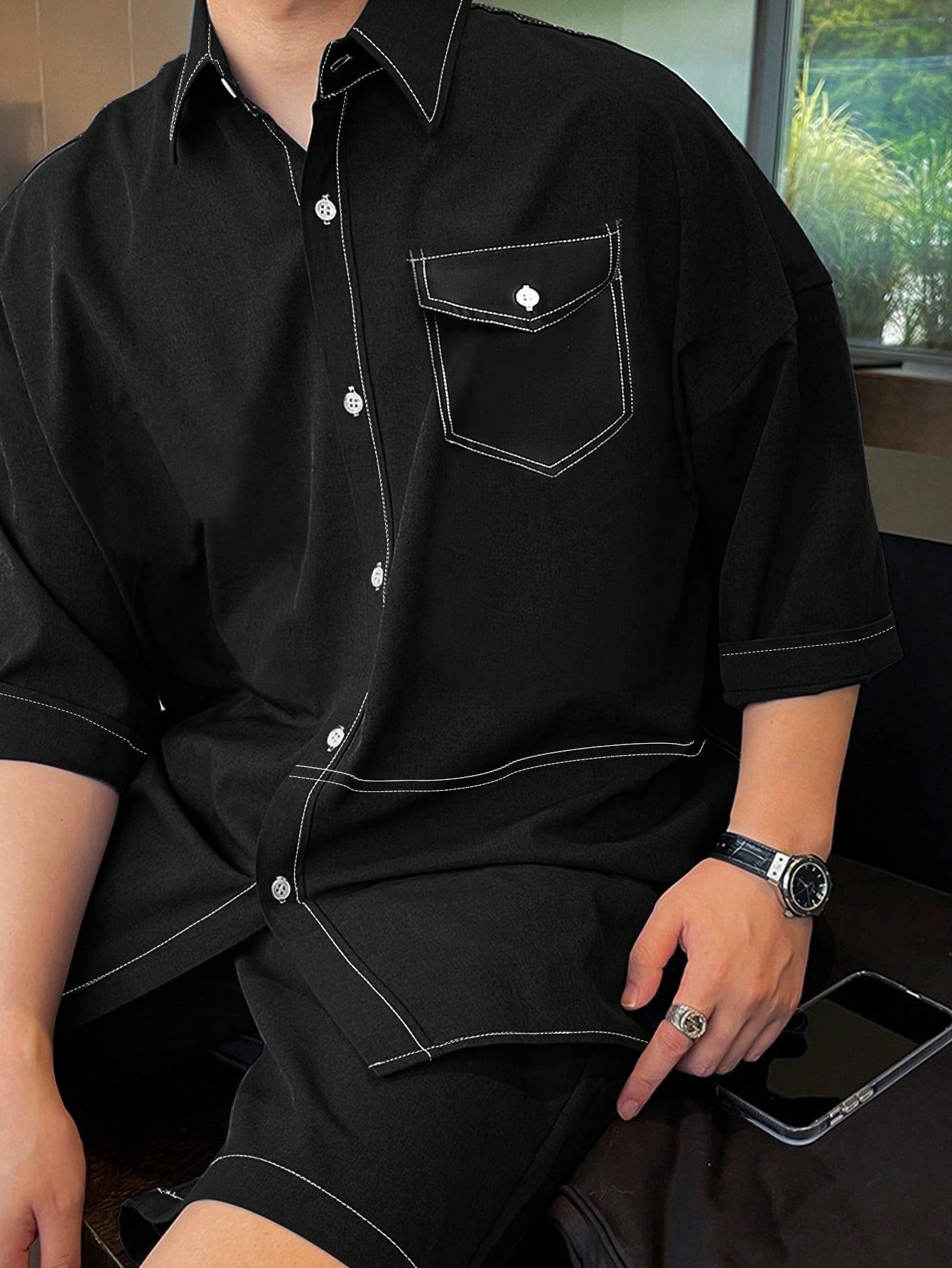 Conjunto Masculino Camisa Botões Frontais E Shorts Com Bolso Preto / PP Conjunto Masculino Camisa Botões Frontais E