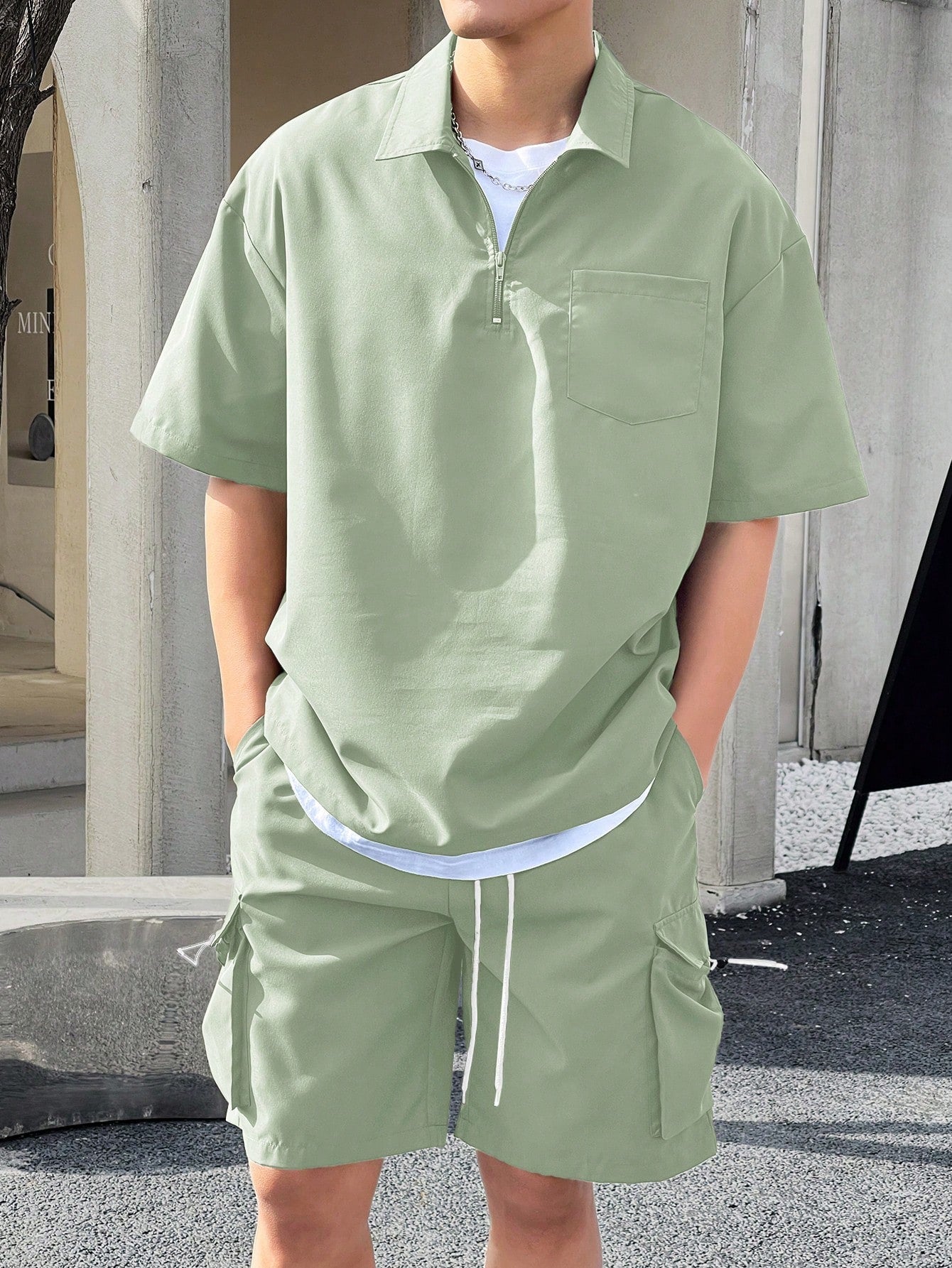 Conjunto Masculino Camisa Manga Curta E Bermuda Tecido De Linho Conjunto Masculino Camisa Manga Curta E Bermuda Tecido