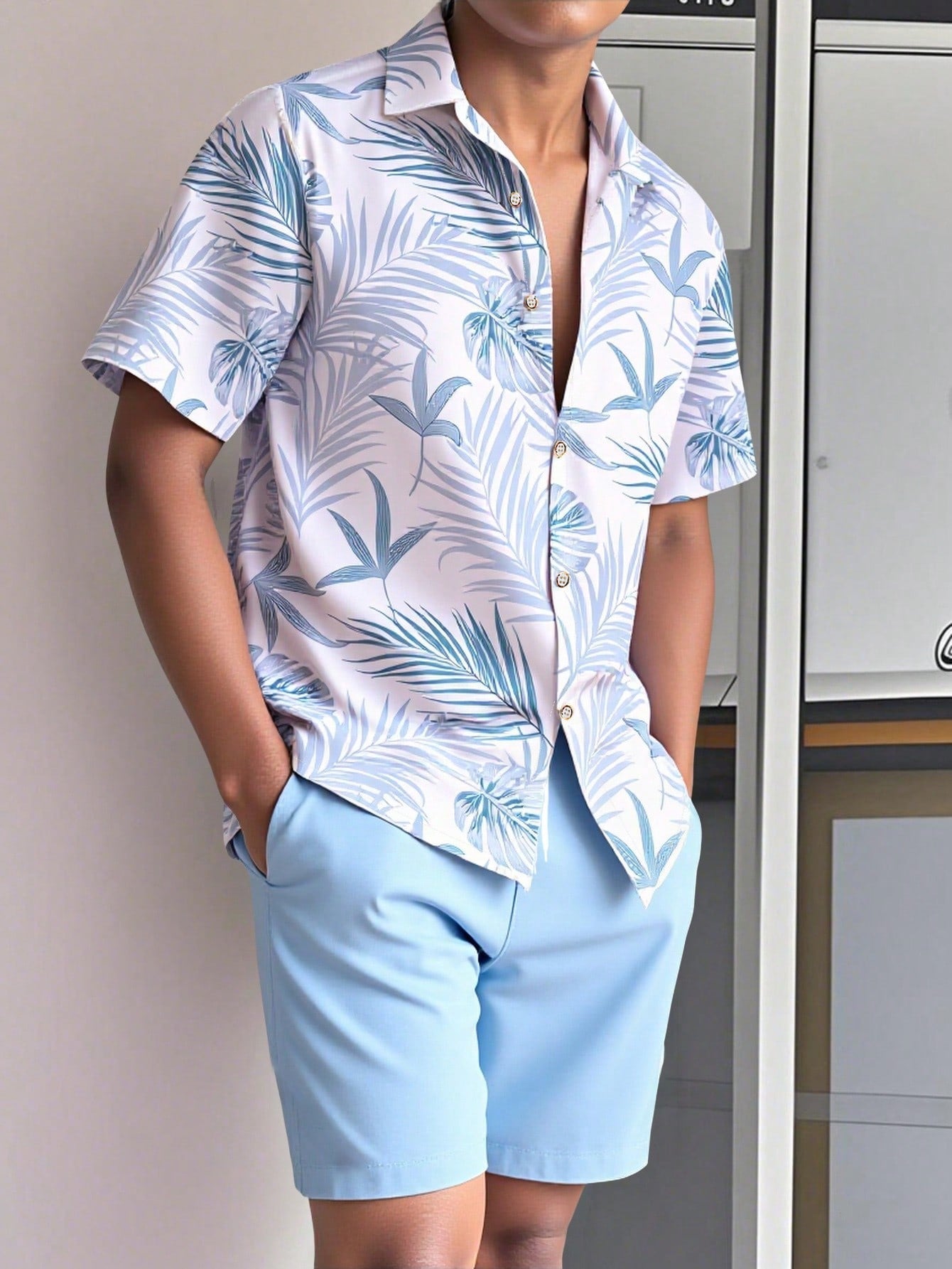Conjunto Masculino Camisa Manga Curta Estampa Tropical E Shorts Casuais Azul / PP Conjunto Masculino Camisa Manga Curta