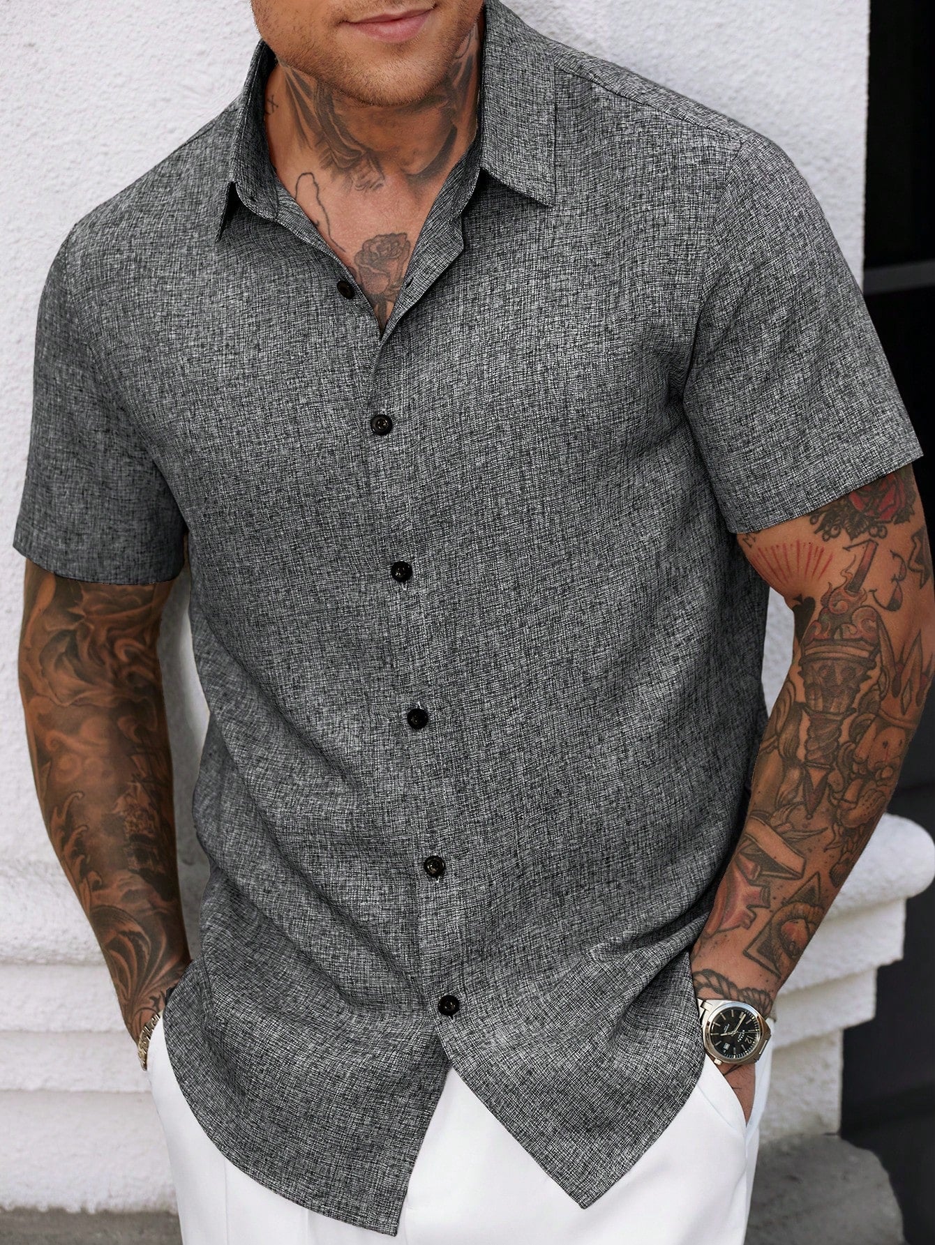 Camisa Masculina De Botão Estampa Texturizada Corte Slim Preto / PP Camisa Masculina De Botão Estampa Texturizada Corte