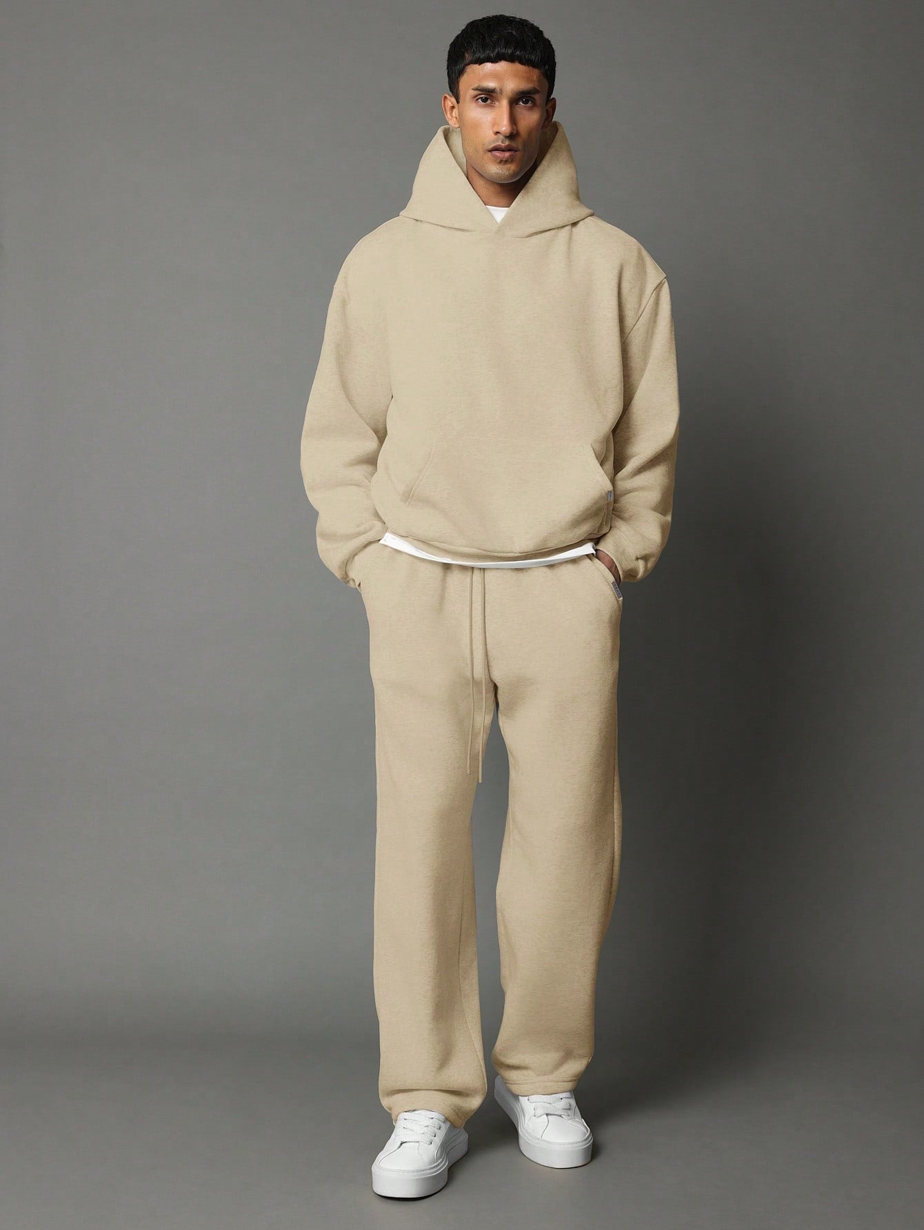 Conjunto Masculino Moletom Com Capuz E Calça Jogger Minimalista Bege / PP Conjunto Masculino Moletom Com Capuz E Calça