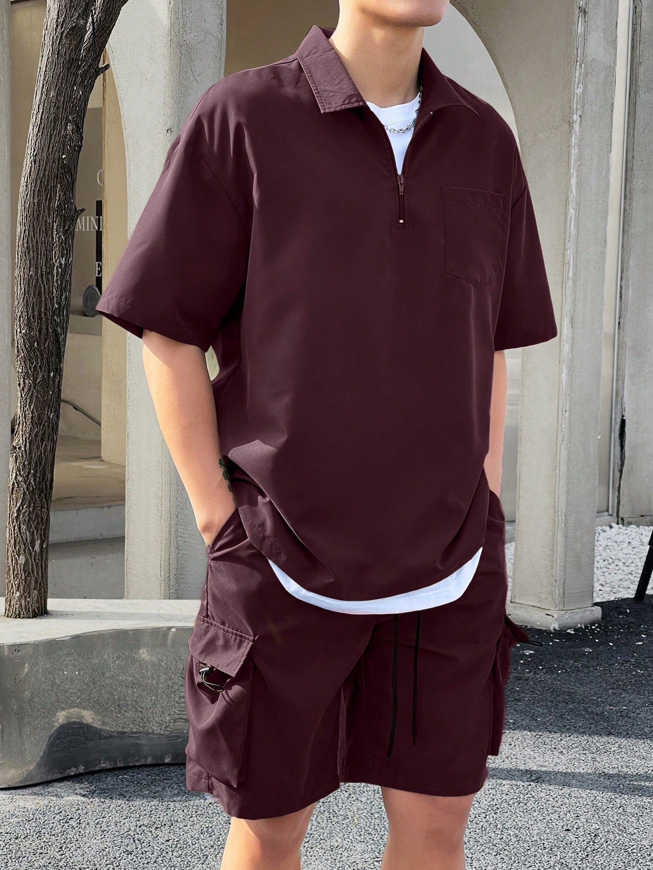 Conjunto Masculino Camisa Manga Curta E Bermuda Tecido De Linho Violeta / PP Conjunto Masculino Camisa Manga Curta E