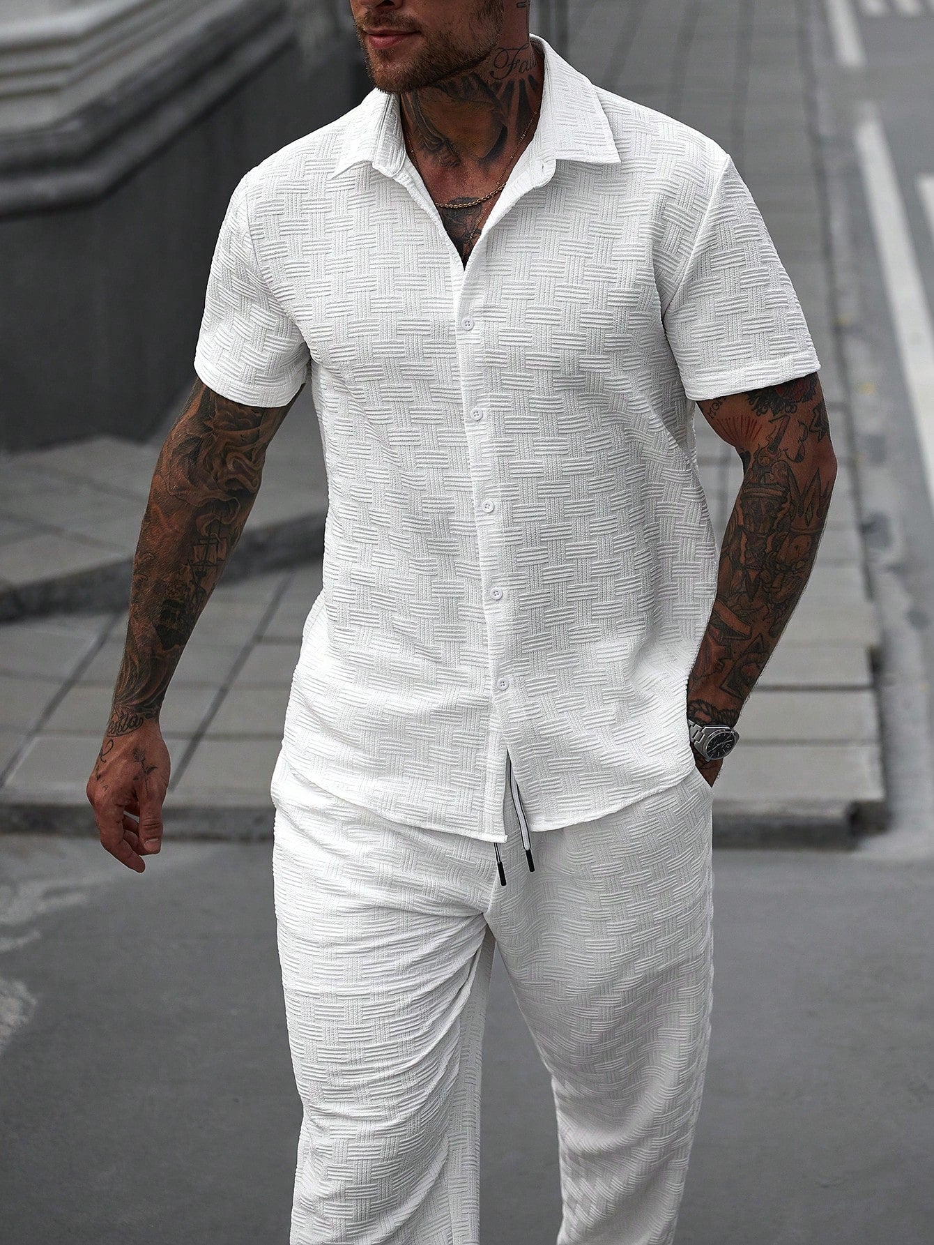 Conjunto Masculino Camisa Manga Curta E Calça Casual Leve Branco / PP Conjunto Masculino Camisa Manga Curta E Calça