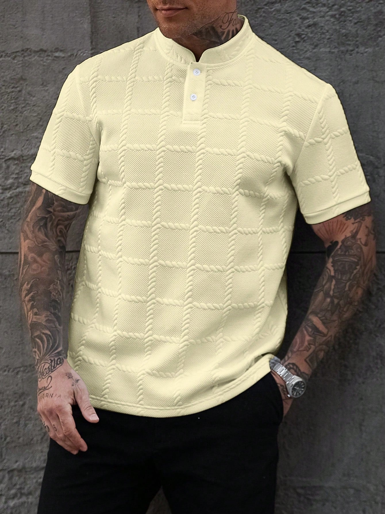 Camisa Polo Masculina Casual Gola Alta Botões Frontais Camisa Polo Masculina Casual Gola Alta Botões Frontais