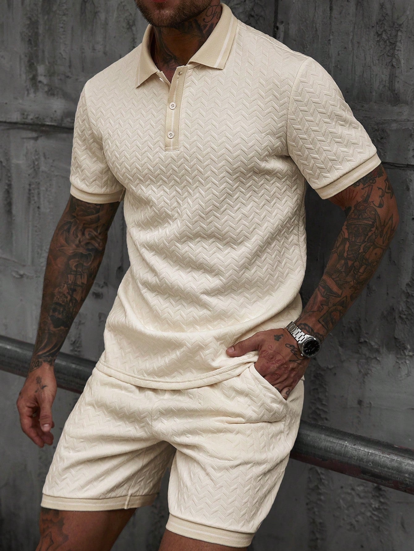 Conjunto Masculino Polo Jacquard Manga Curta E Shorts Casuais Conjunto Masculino Polo Jacquard Manga Curta E Shorts