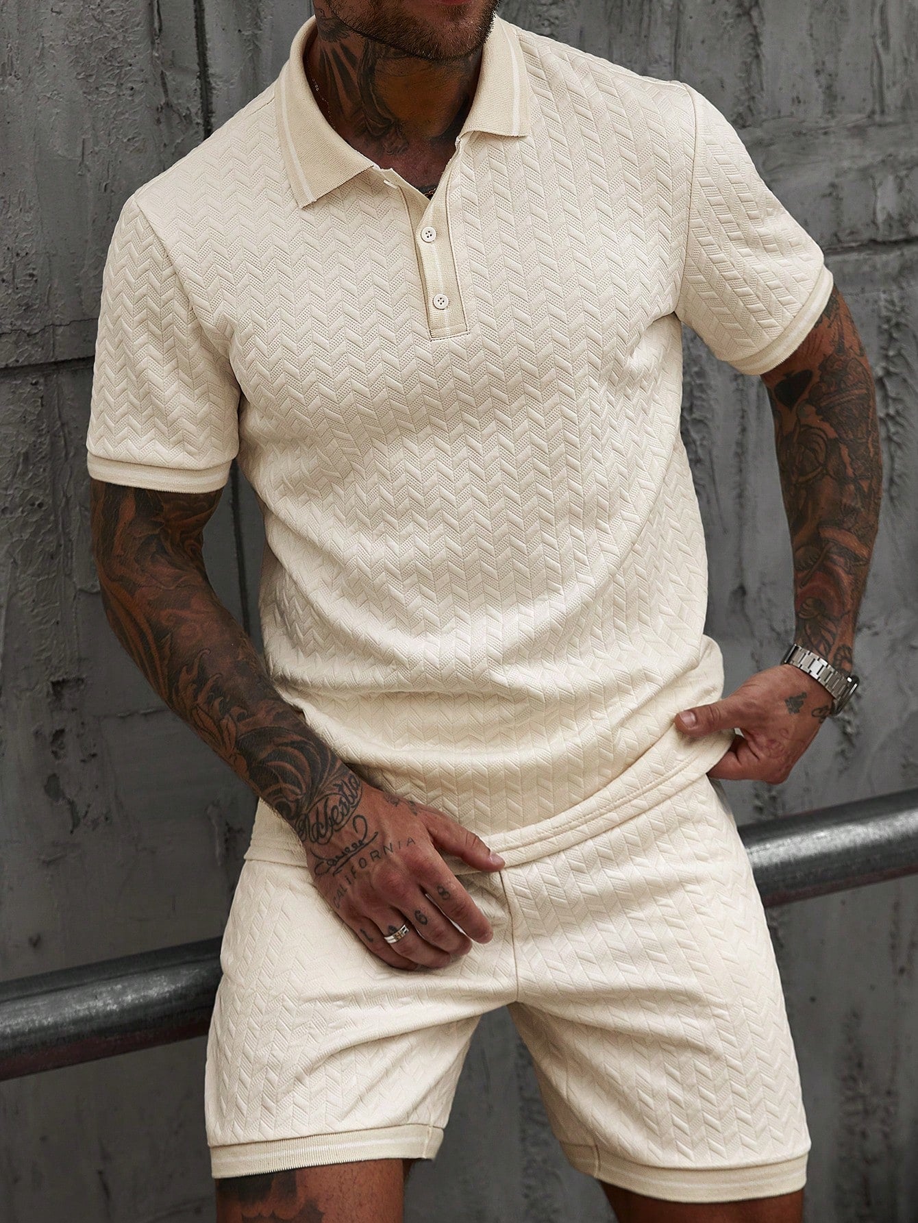 Conjunto Masculino Polo Jacquard Manga Curta E Shorts Casuais Caqui / PP Conjunto Masculino Polo Jacquard Manga Curta E