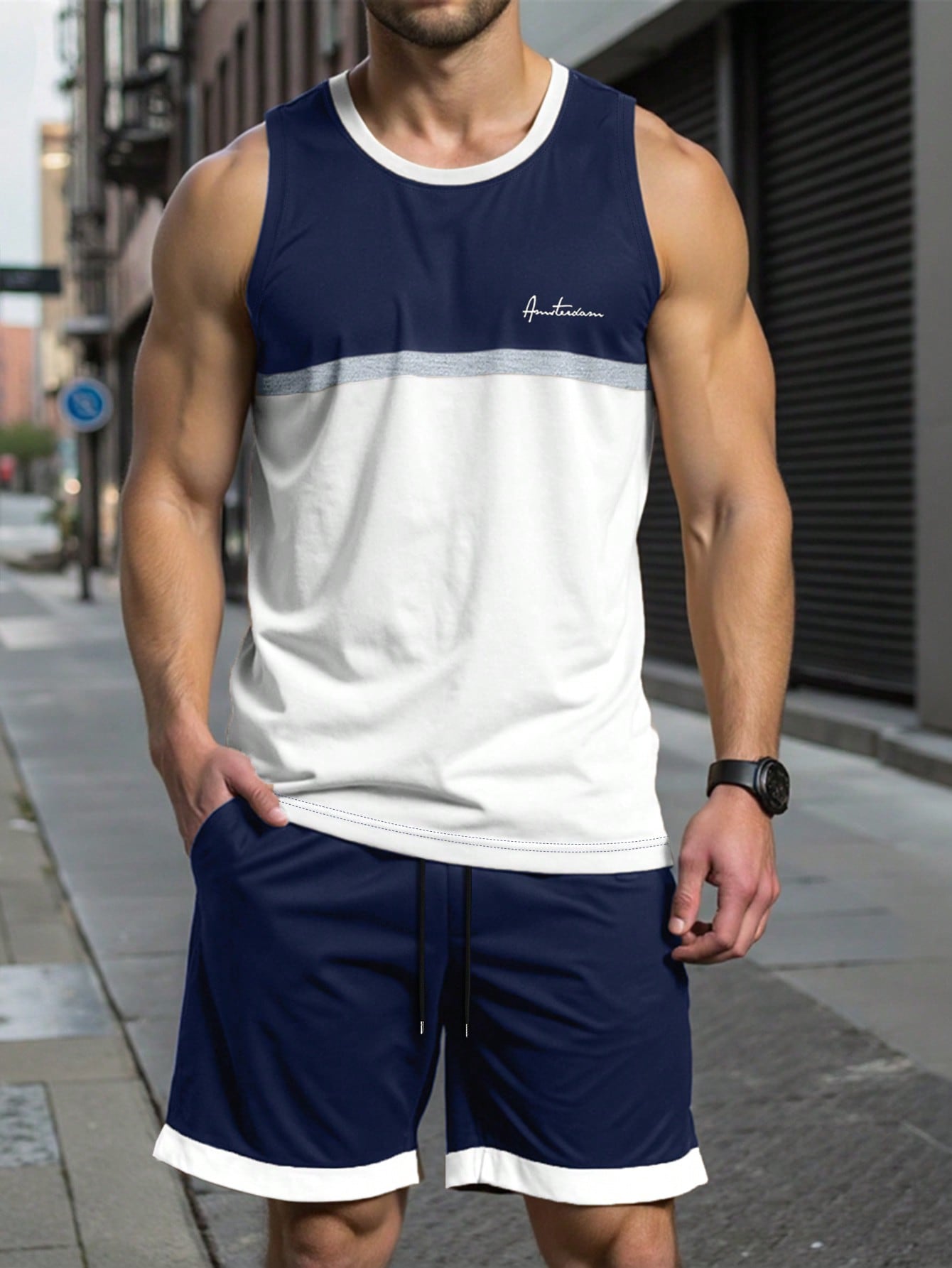 Conjunto Masculino Regata Fitness Ajustada E Shorts Esportivos Azul / PP Conjunto Masculino Regata Fitness Ajustada E