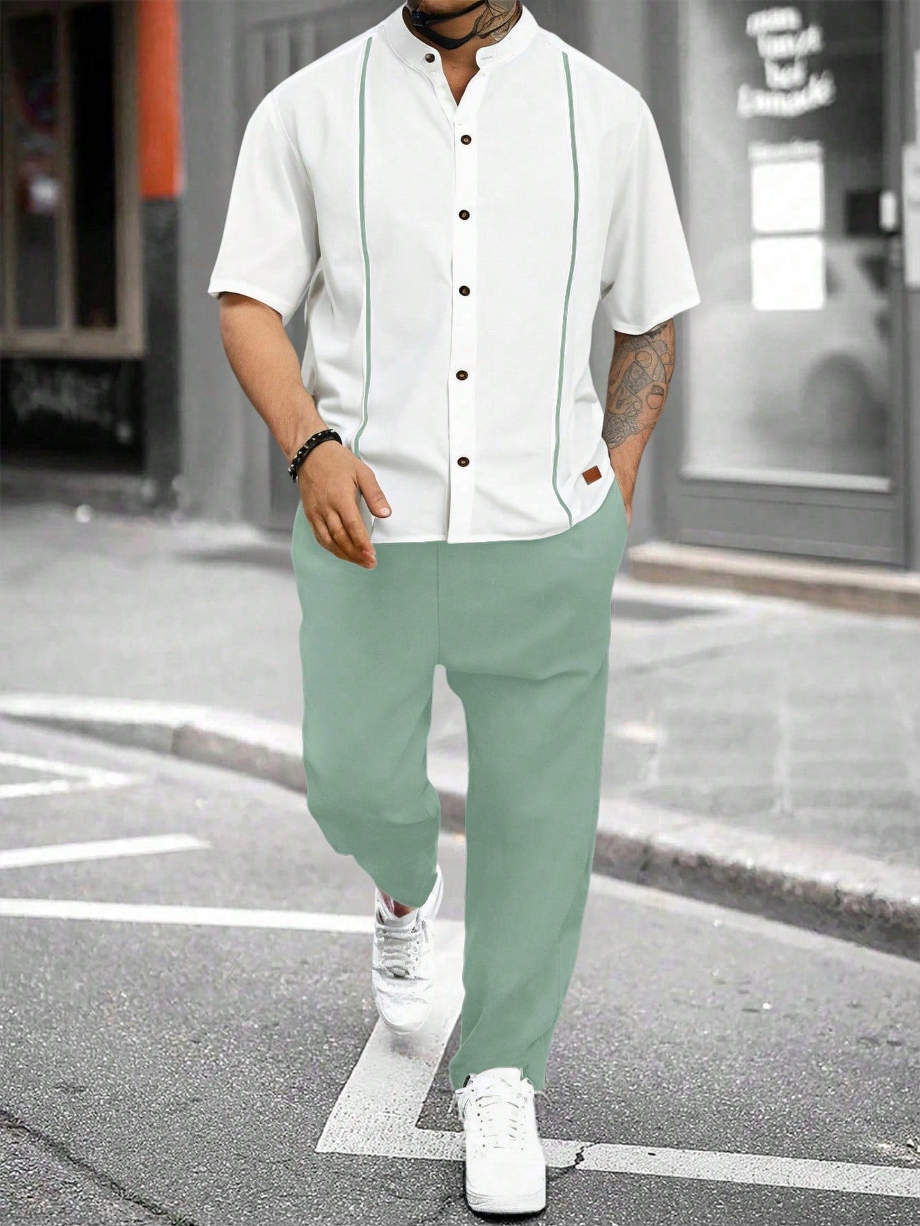 Conjunto Masculino Camisa Manga Curta E Calça Casual Versátil Verde Menta / PP Conjunto Masculino Camisa Manga Curta E