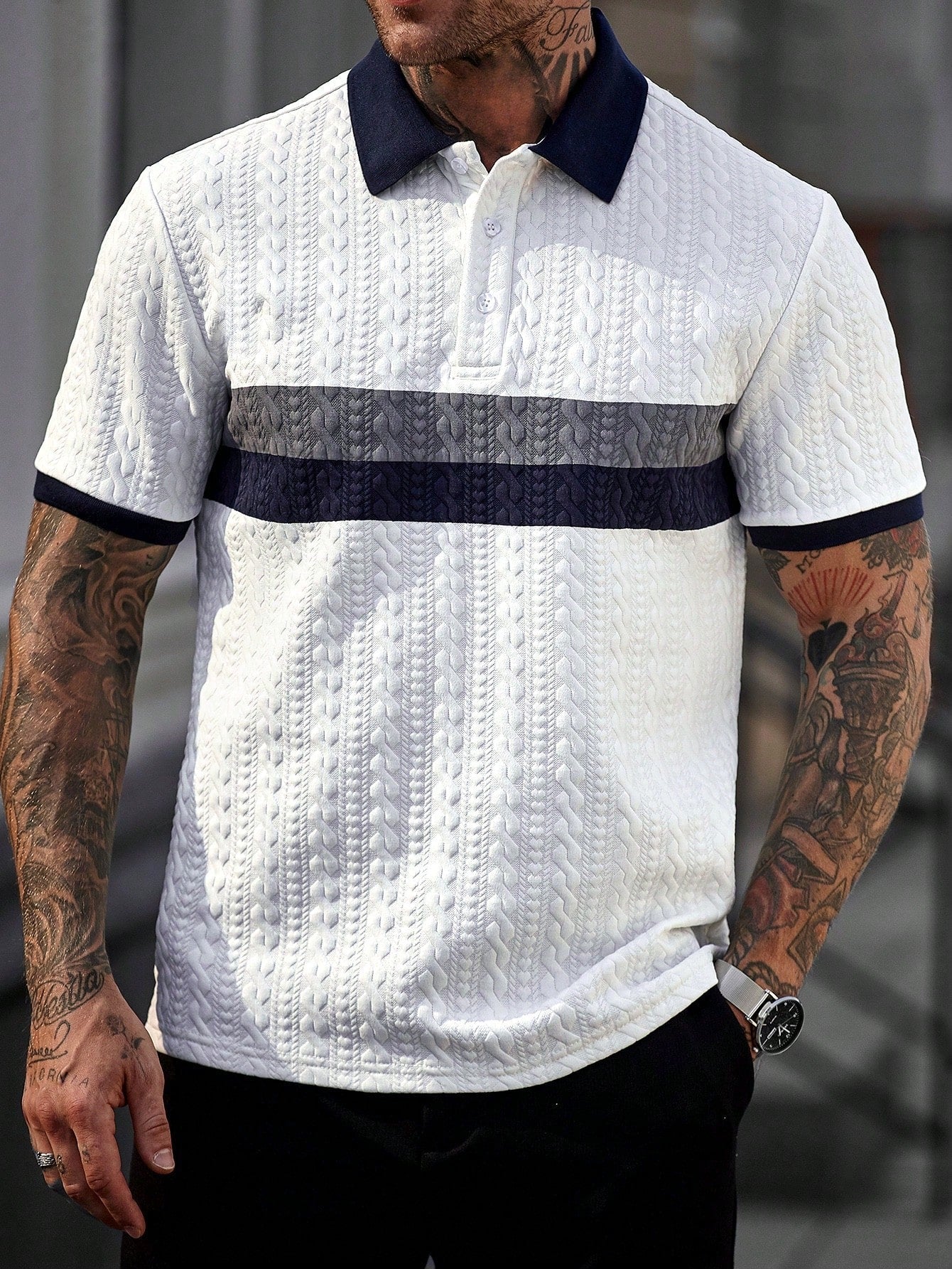 Camisa Polo Masculina Trançada Faixa Frontal Estilizada Branco / PP Camisa Polo Masculina Trançada Faixa Frontal