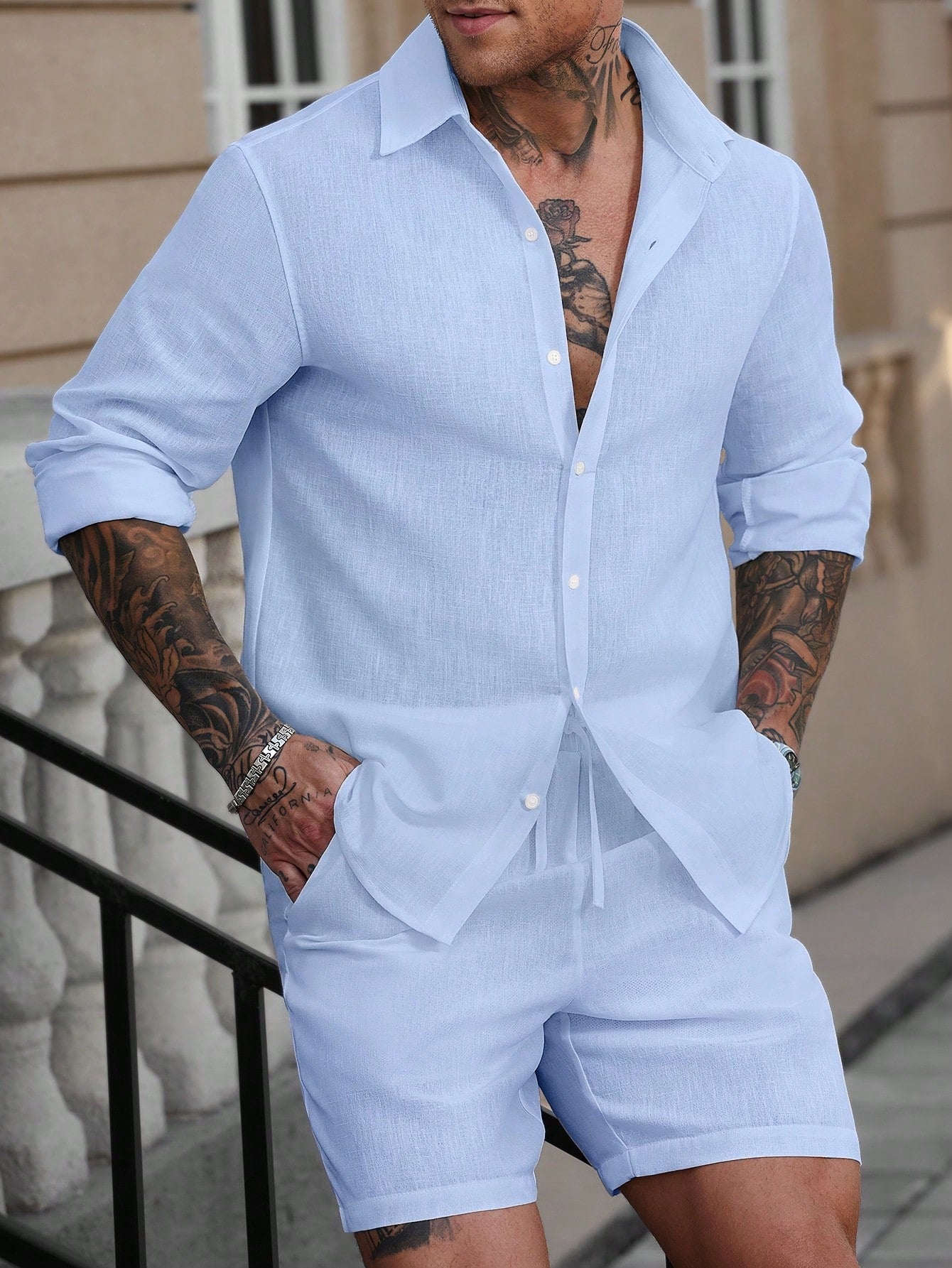 Conjunto Masculino Camisa Manga Longa Botões Simples E Shorts Casual Azul Bebê / PP Conjunto Masculino Camisa Manga